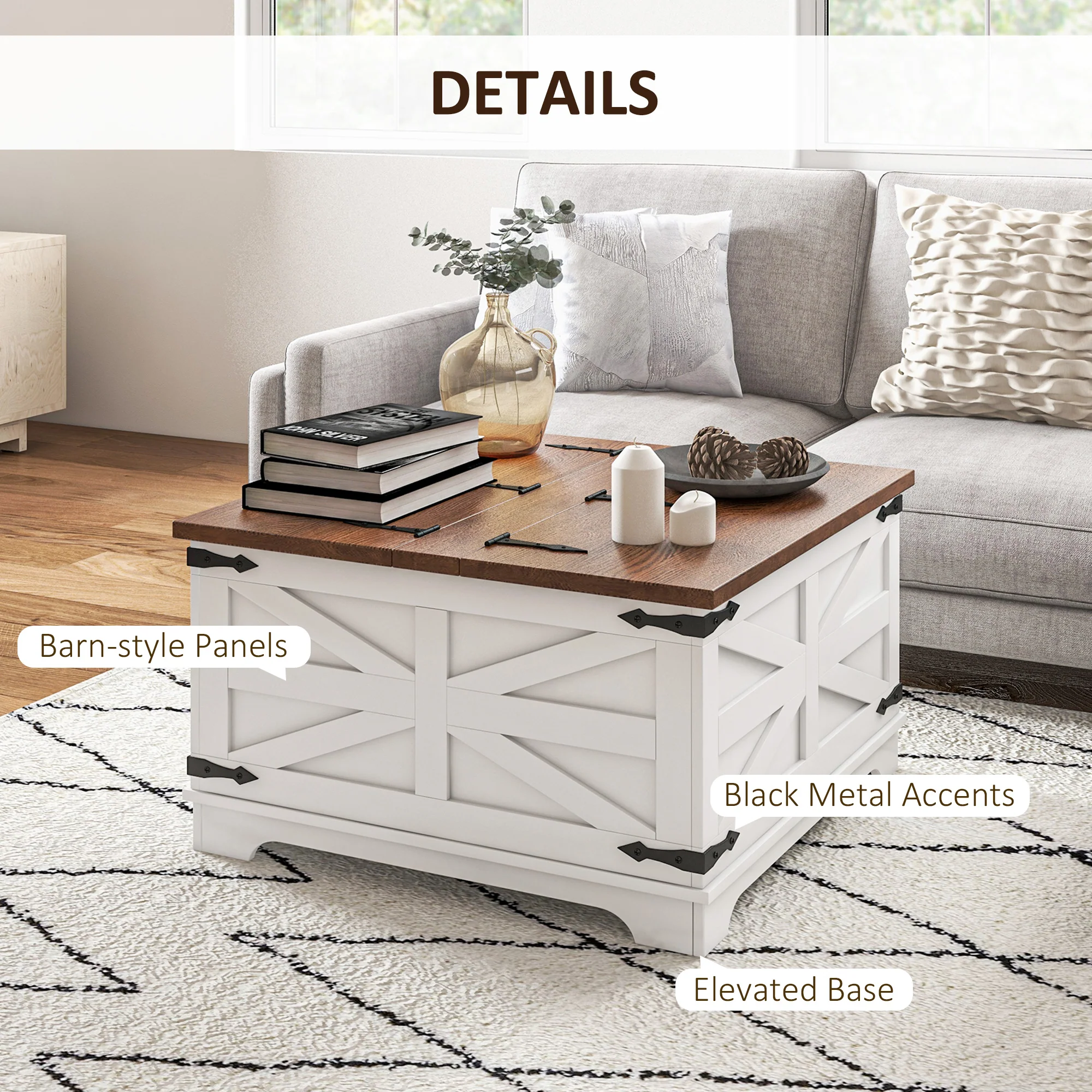 Farmhouse Square Center Table w/ Flip-top Lids & Hidden Storage Compartment, White - Image 8