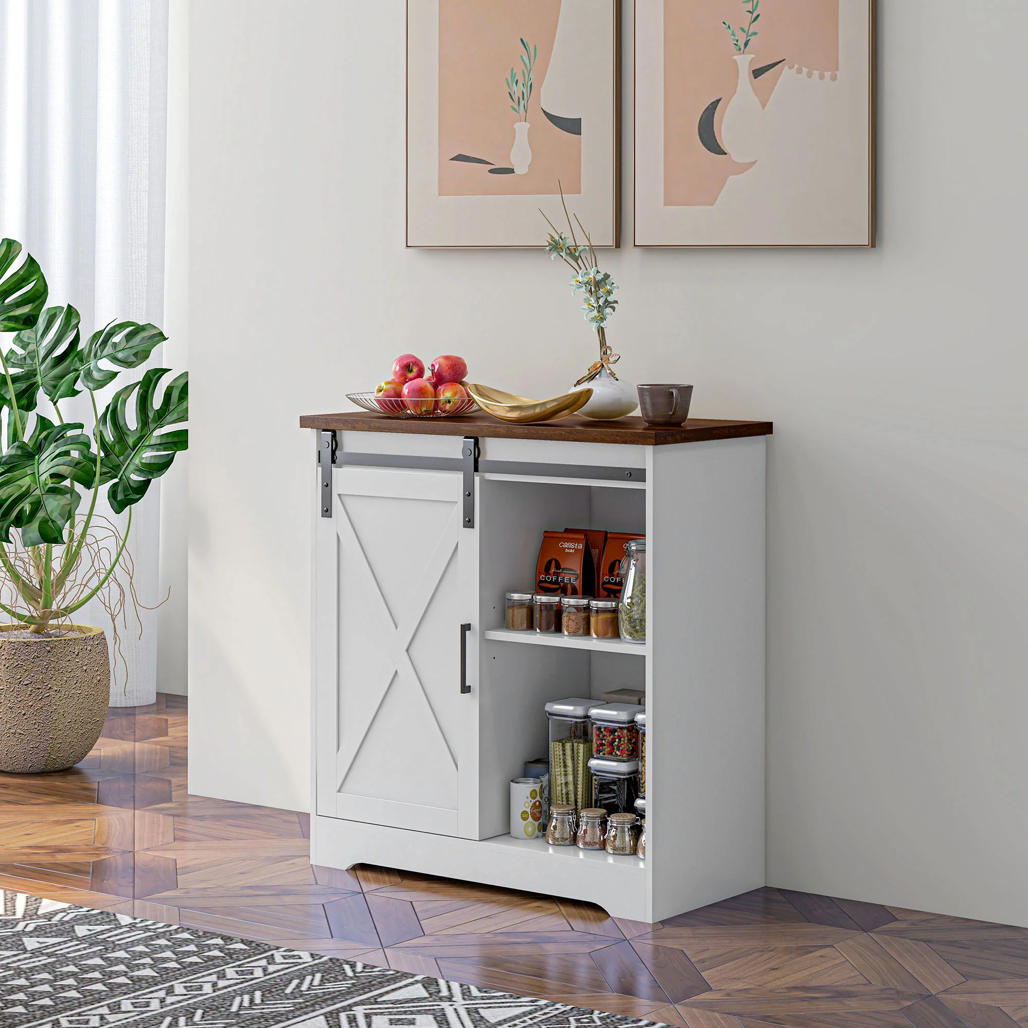 Farmhouse Kitchen Sideboard Buffet Cabinet w/ Sliding Barn Door & Adjustable Shelf, White - Image 11
