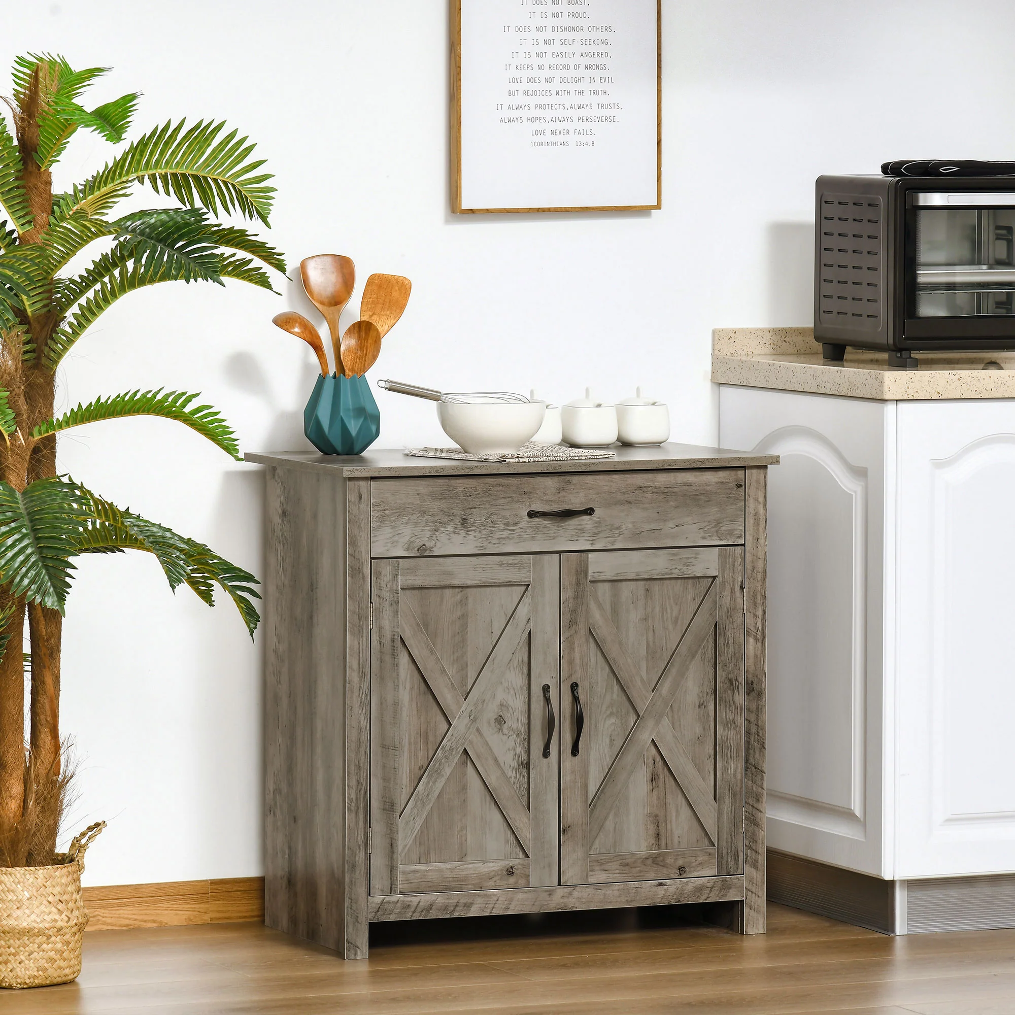 Farmhouse Sideboard Cabinet with Barn Doors, Drawer & Adjustable Shelf, Gray - Image 3