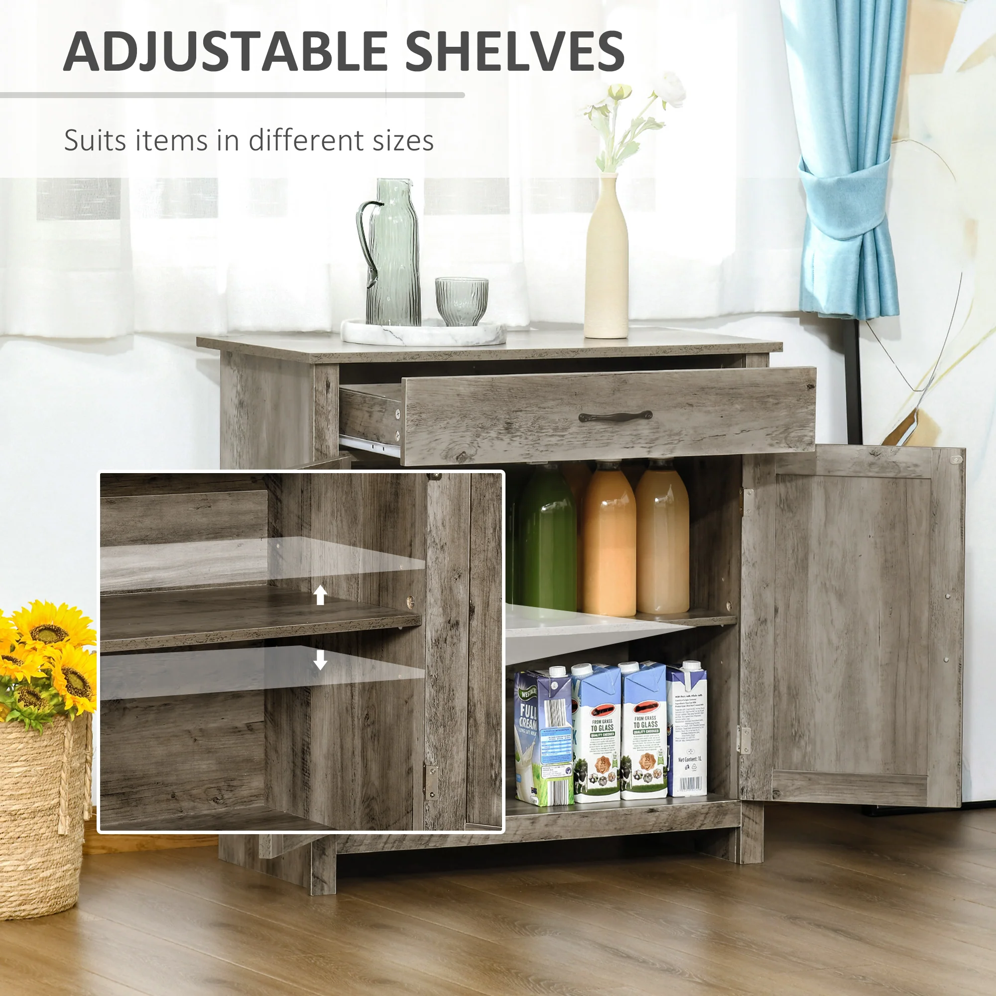 Farmhouse Sideboard Cabinet with Barn Doors, Drawer & Adjustable Shelf, Gray - Image 7