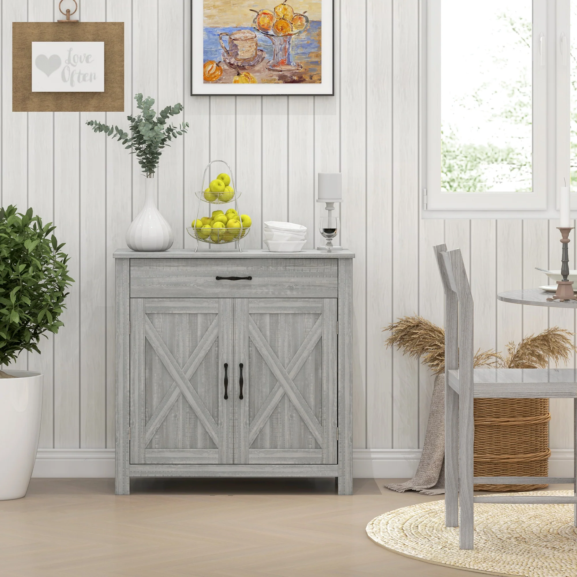 Farmhouse Sideboard Cabinet with Barn Doors, Drawer & Adjustable Shelf, Stone Gray - Image 3