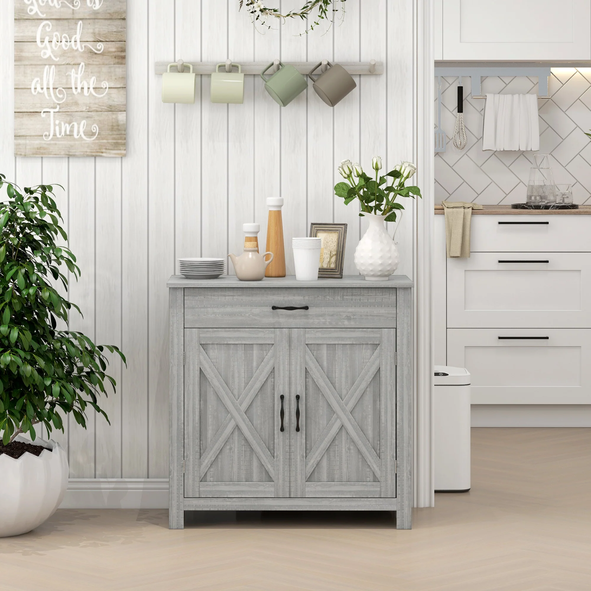 Farmhouse Sideboard Cabinet with Barn Doors, Drawer & Adjustable Shelf, Stone Gray - Image 4