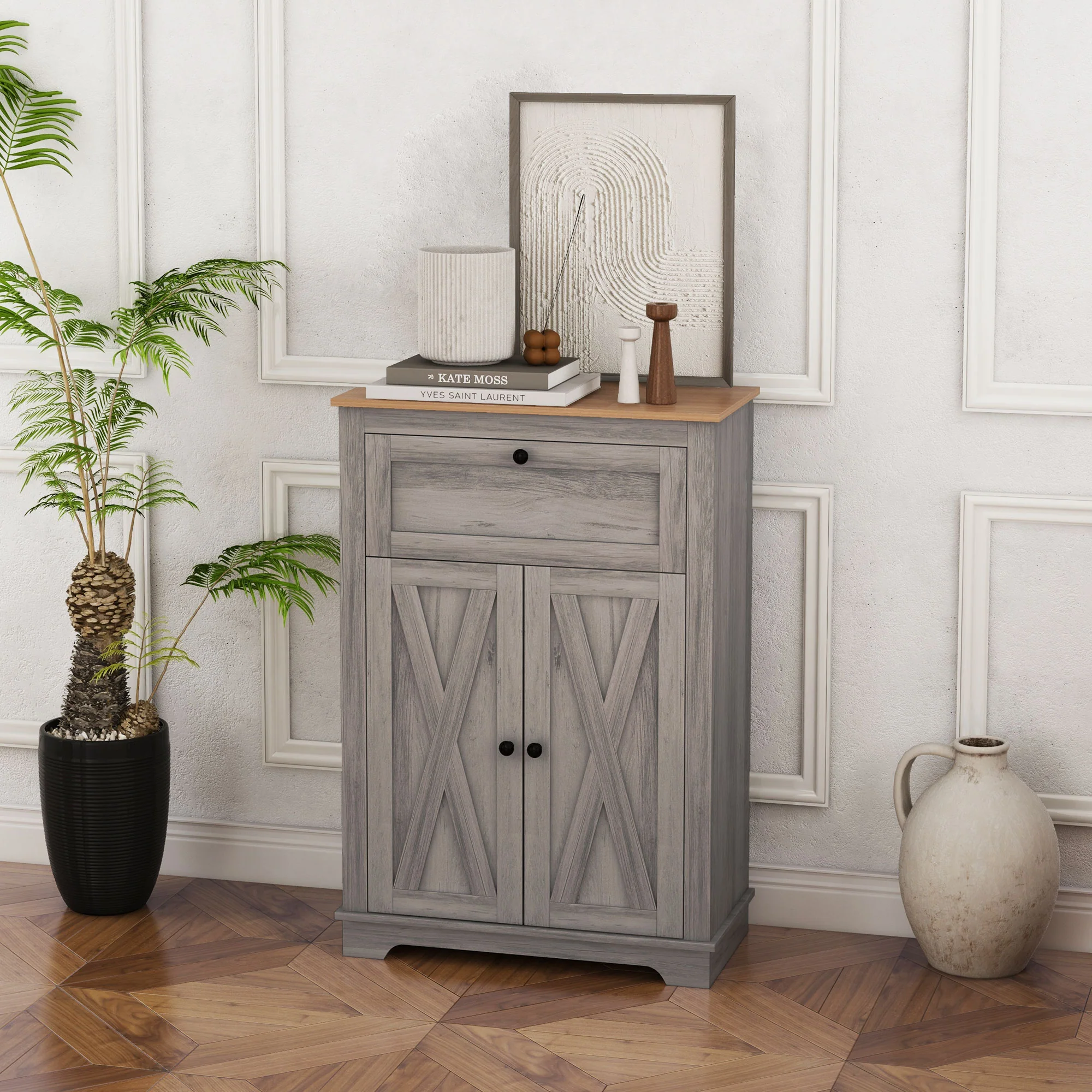 Farmhouse Sideboard Storage Cabinet with Doors and Drawer, 23.5"x11.75"x34.5", Gray - Image 4