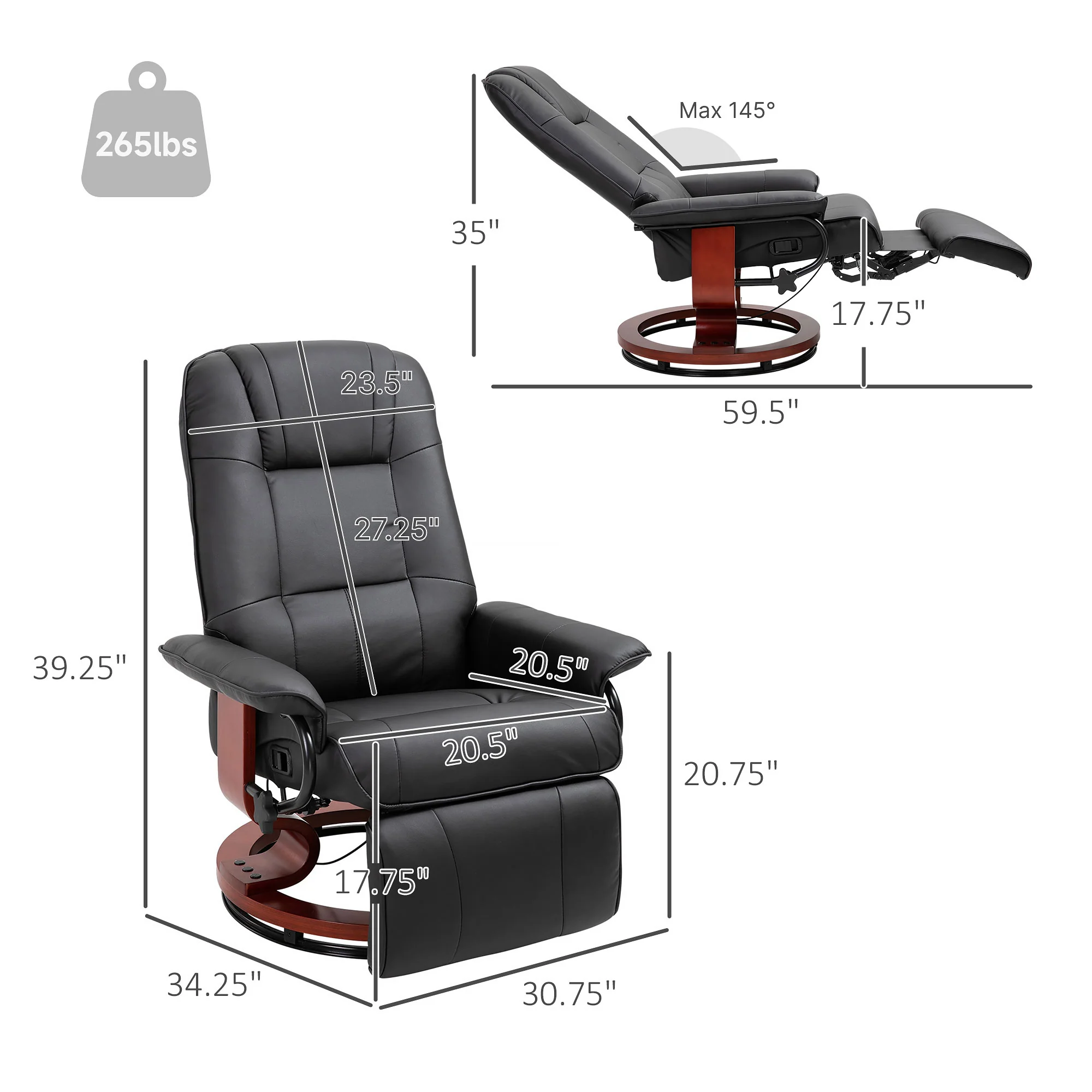 EaseRest Faux Leather Recliner Chair, Swivel Recliner w/ Footrest, Armrest & Wood Base, Black - Image 4