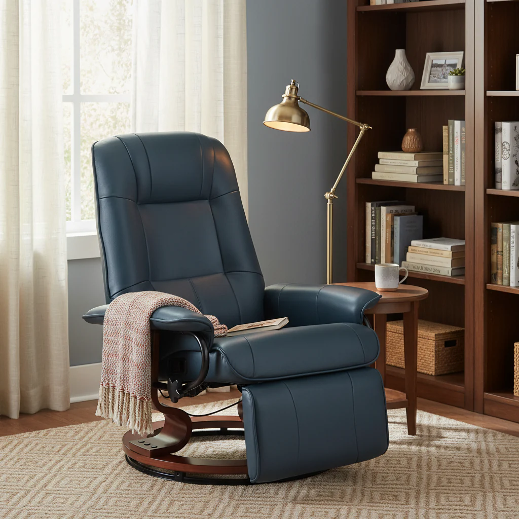 EaseRest Faux Leather Recliner Chair, Swivel Recliner w/ Footrest, Armrest & Wood Base, Blue - Image 3