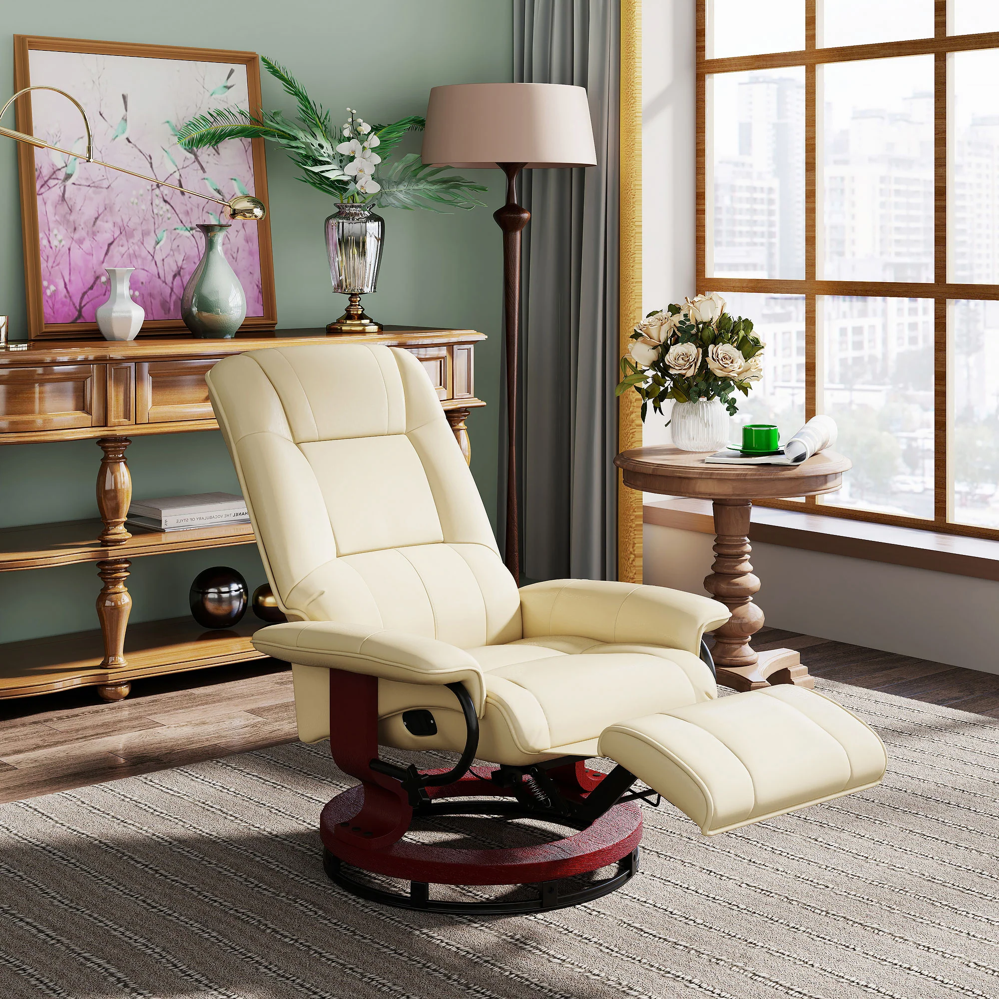 EaseRest Faux Leather Recliner Chair, Swivel Recliner w/ Footrest, Armrest & Wood Base, Cream White - Image 3