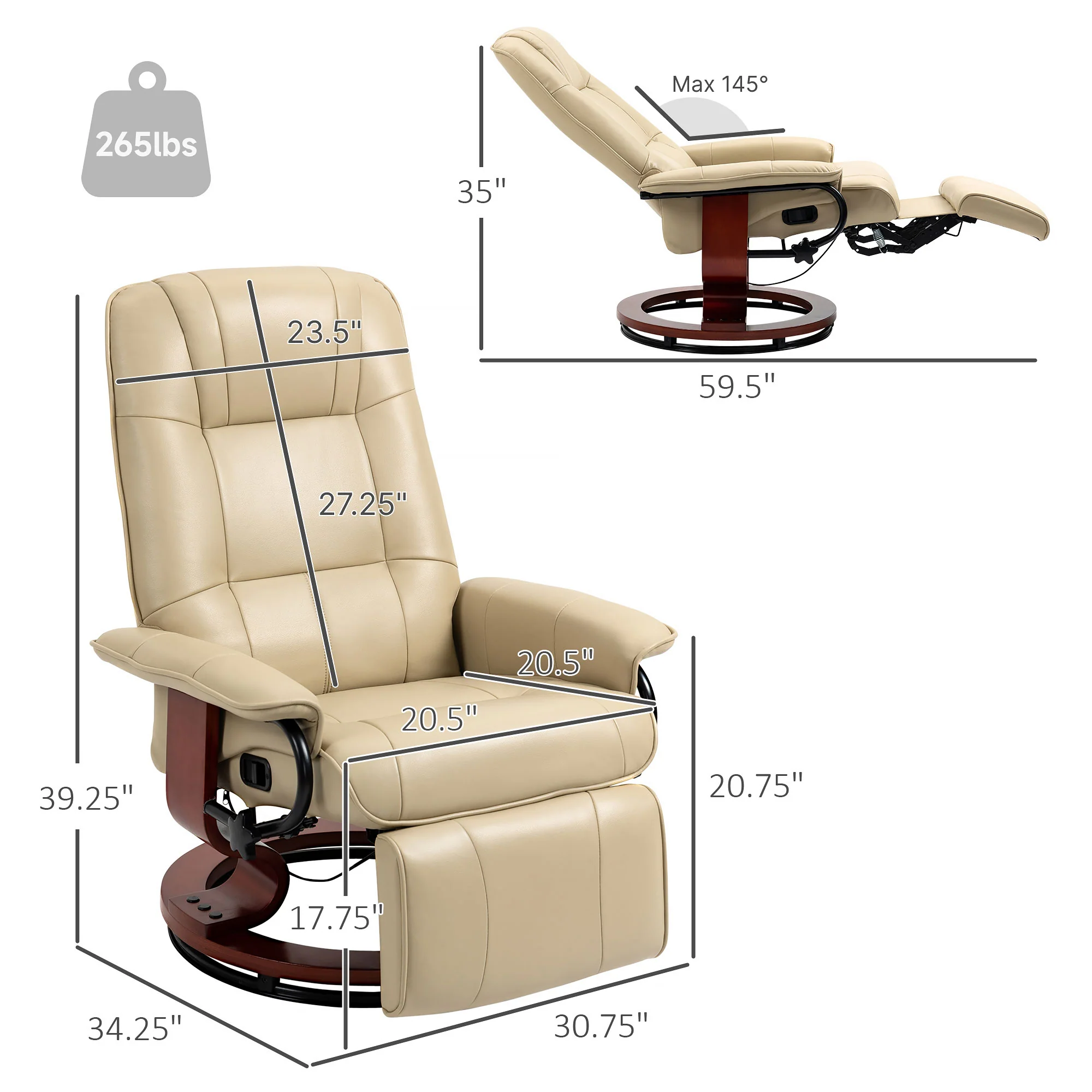 EaseRest Faux Leather Recliner Chair, Swivel Recliner w/ Footrest, Armrest & Wood Base, Cream White - Image 4