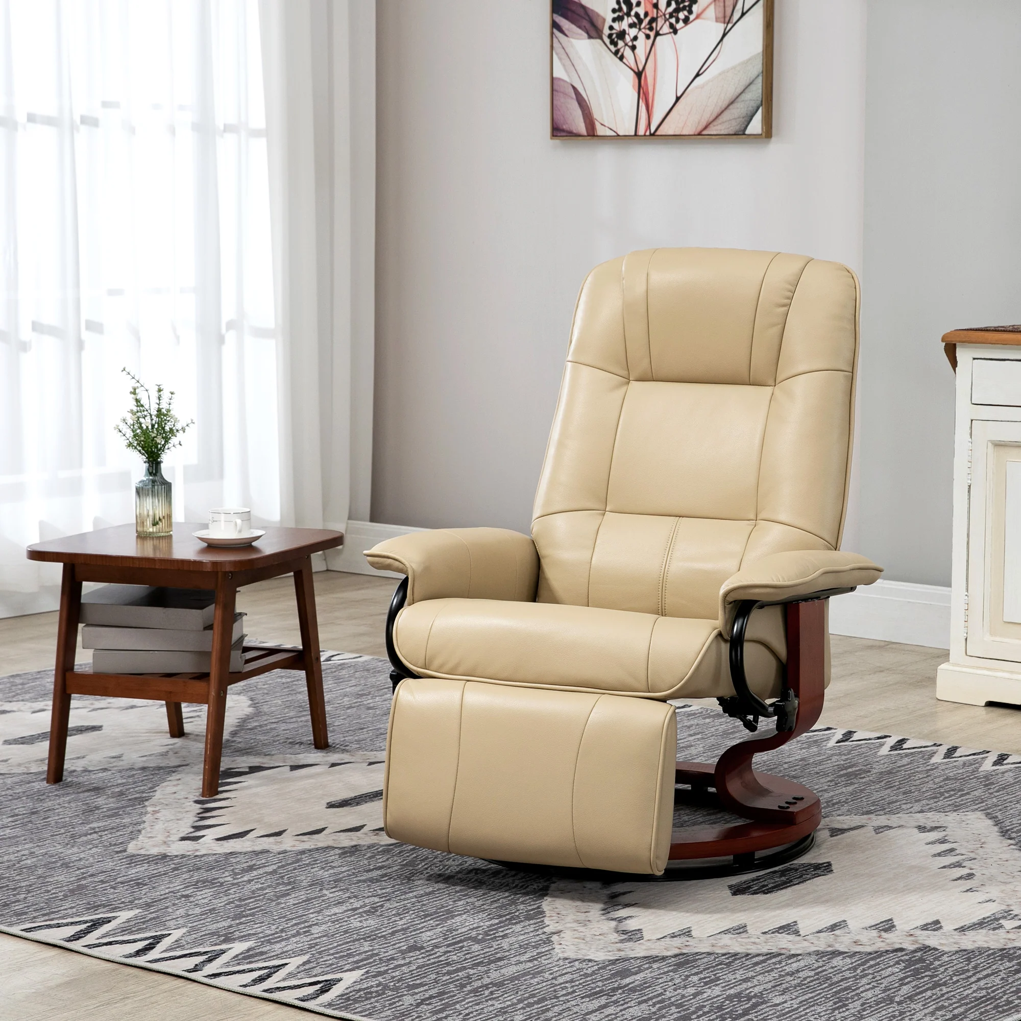 EaseRest Faux Leather Recliner Chair, Swivel Recliner w/ Footrest, Armrest & Wood Base, Cream White - Image 9