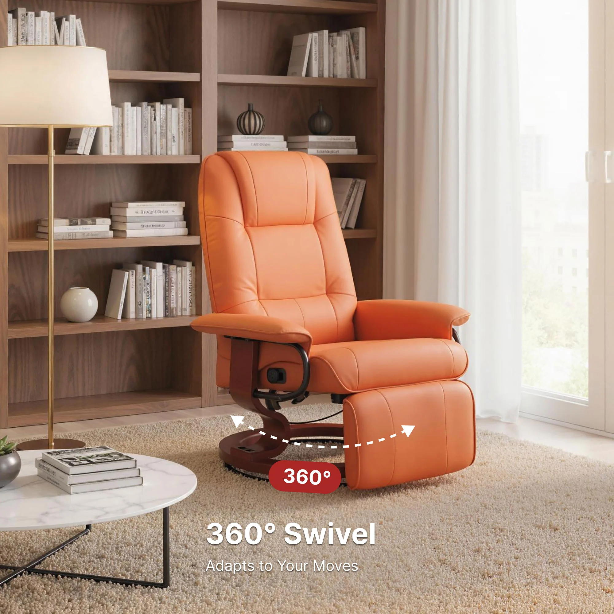 EaseRest Faux Leather Recliner Chair, Swivel Recliner w/ Footrest, Armrest & Wood Base, Orange - Image 5