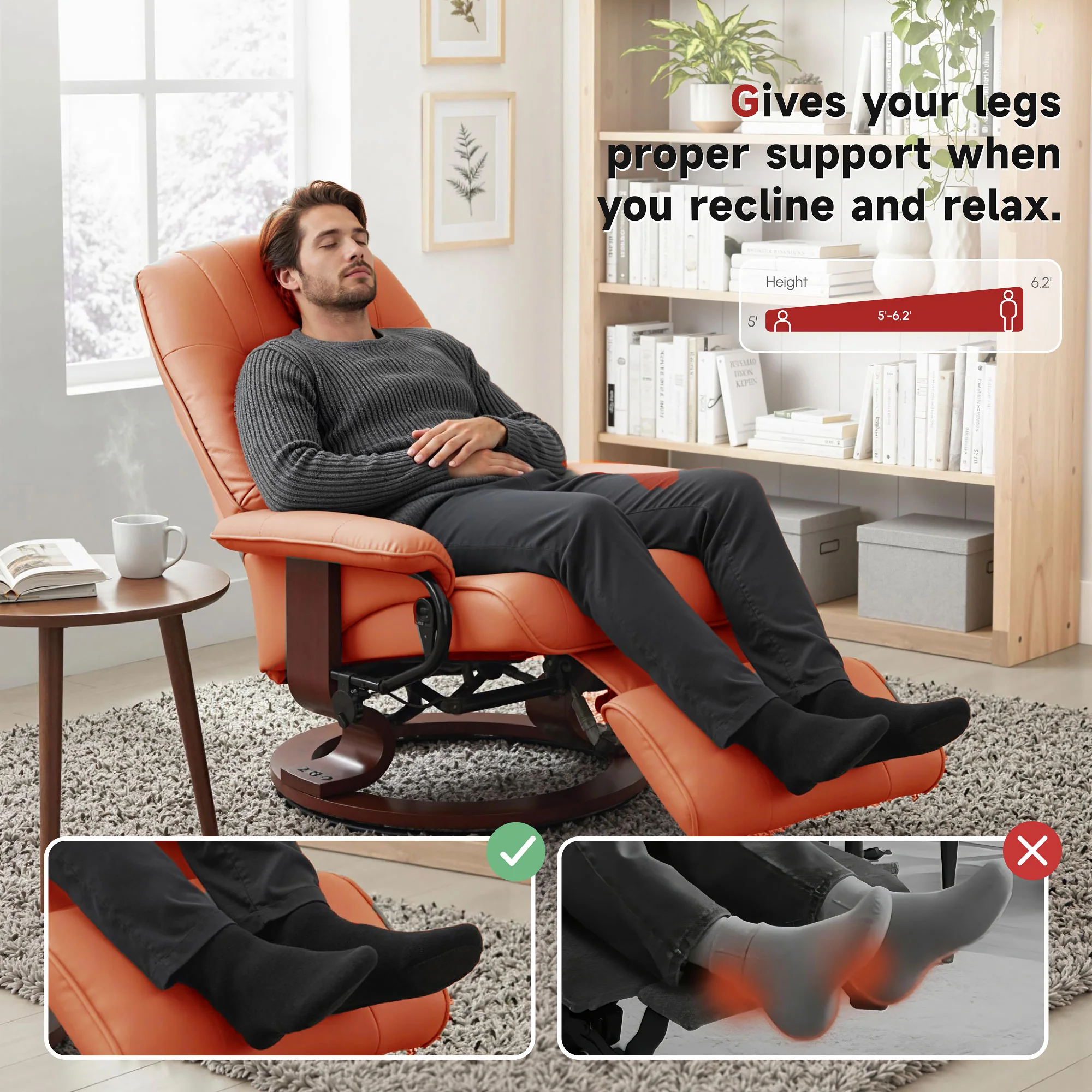 EaseRest Faux Leather Recliner Chair, Swivel Recliner w/ Footrest, Armrest & Wood Base, Orange - Image 7