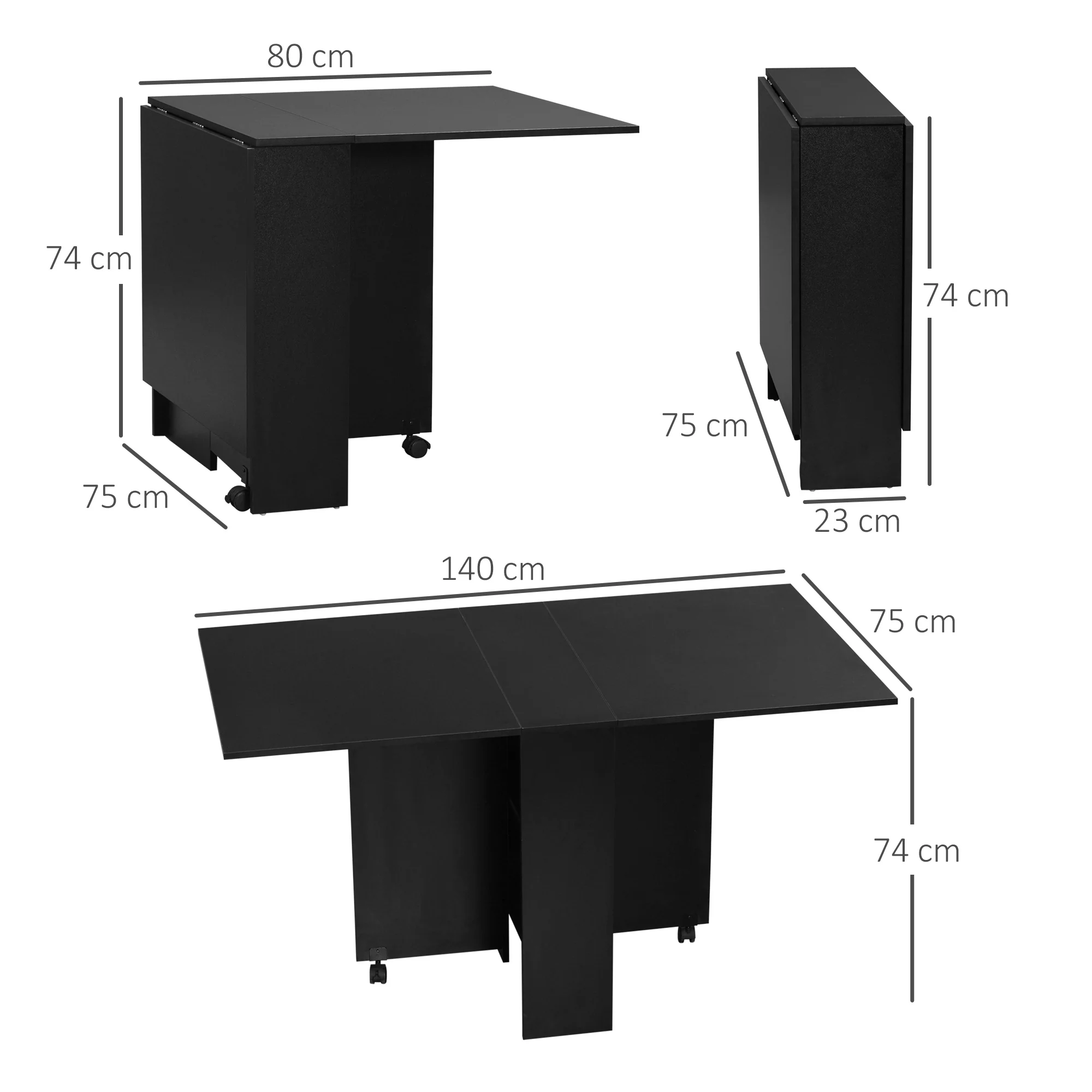 Folding Dining Table, Drop Leaf Table for Small Spaces with Rolling Casters, Black - Image 5