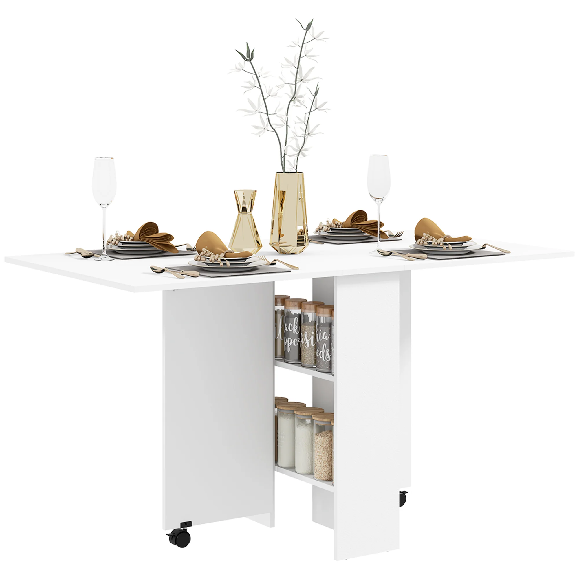 Folding Dining Table, Drop Leaf Table for Small Spaces with Rolling Casters, White