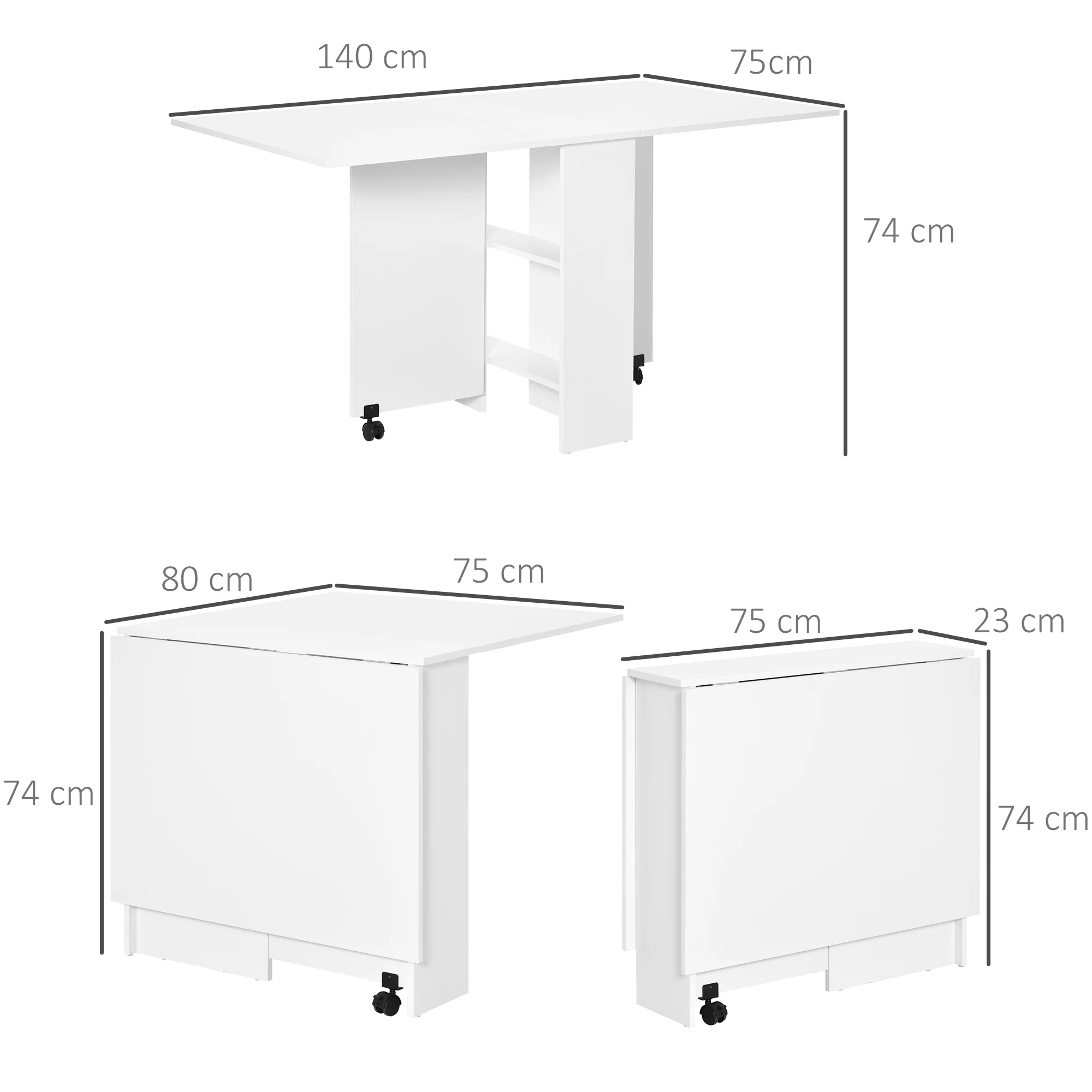 Folding Dining Table, Drop Leaf Table for Small Spaces with Rolling Casters, White - Image 5