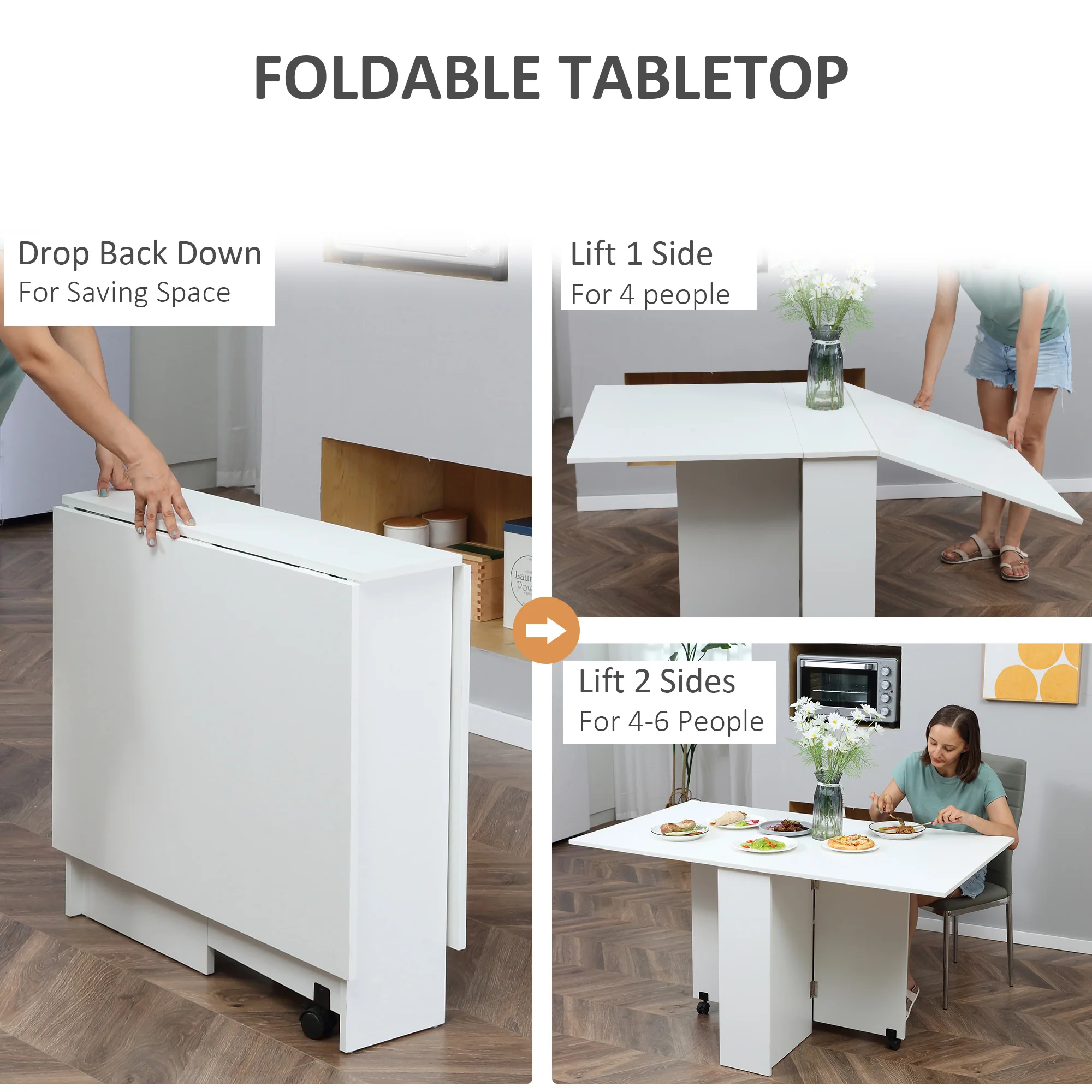 Folding Dining Table, Drop Leaf Table for Small Spaces with Rolling Casters, White - Image 6