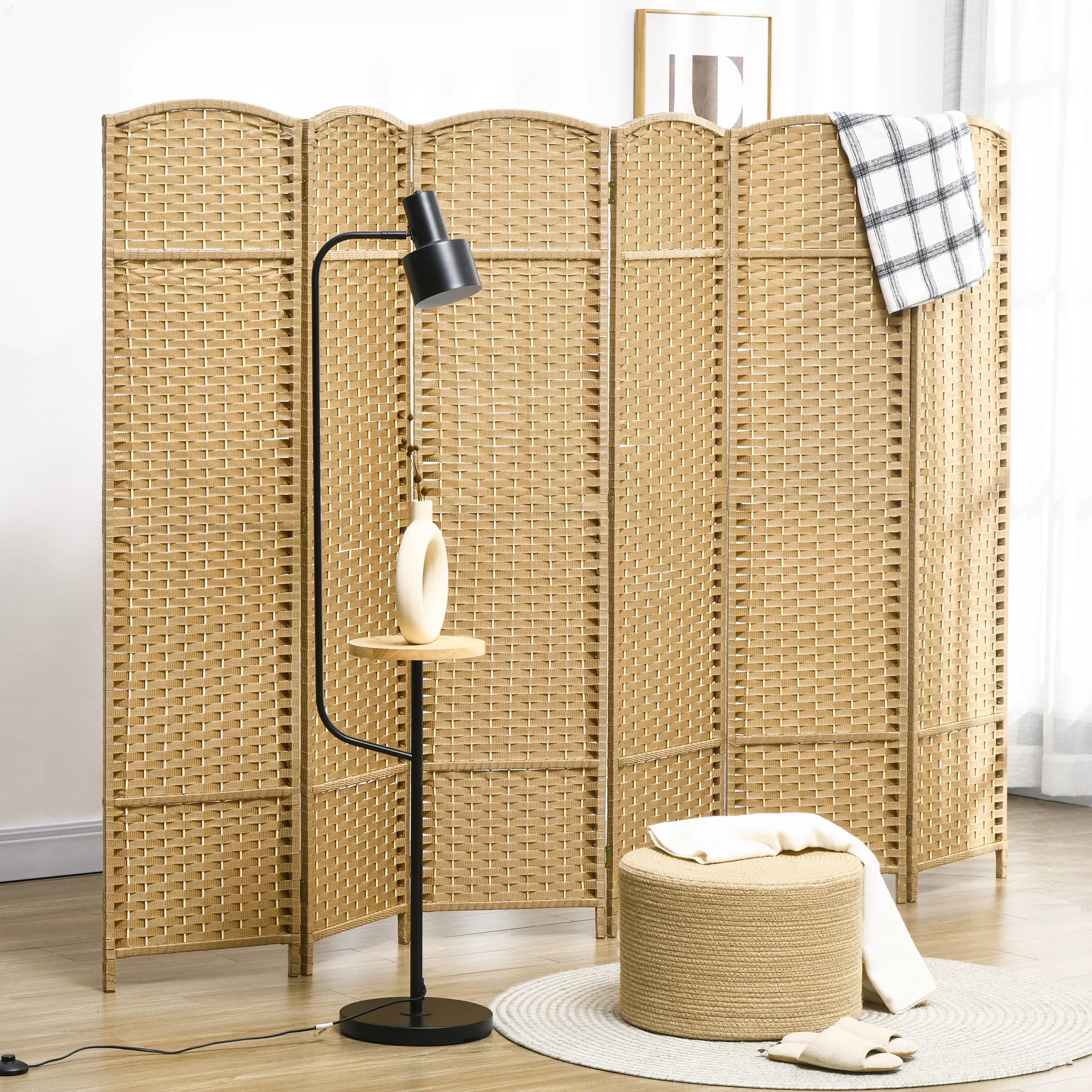 6 Panel 5.6' Tall Privacy Screen Freestanding Room Divider, Nature Wood - Image 3