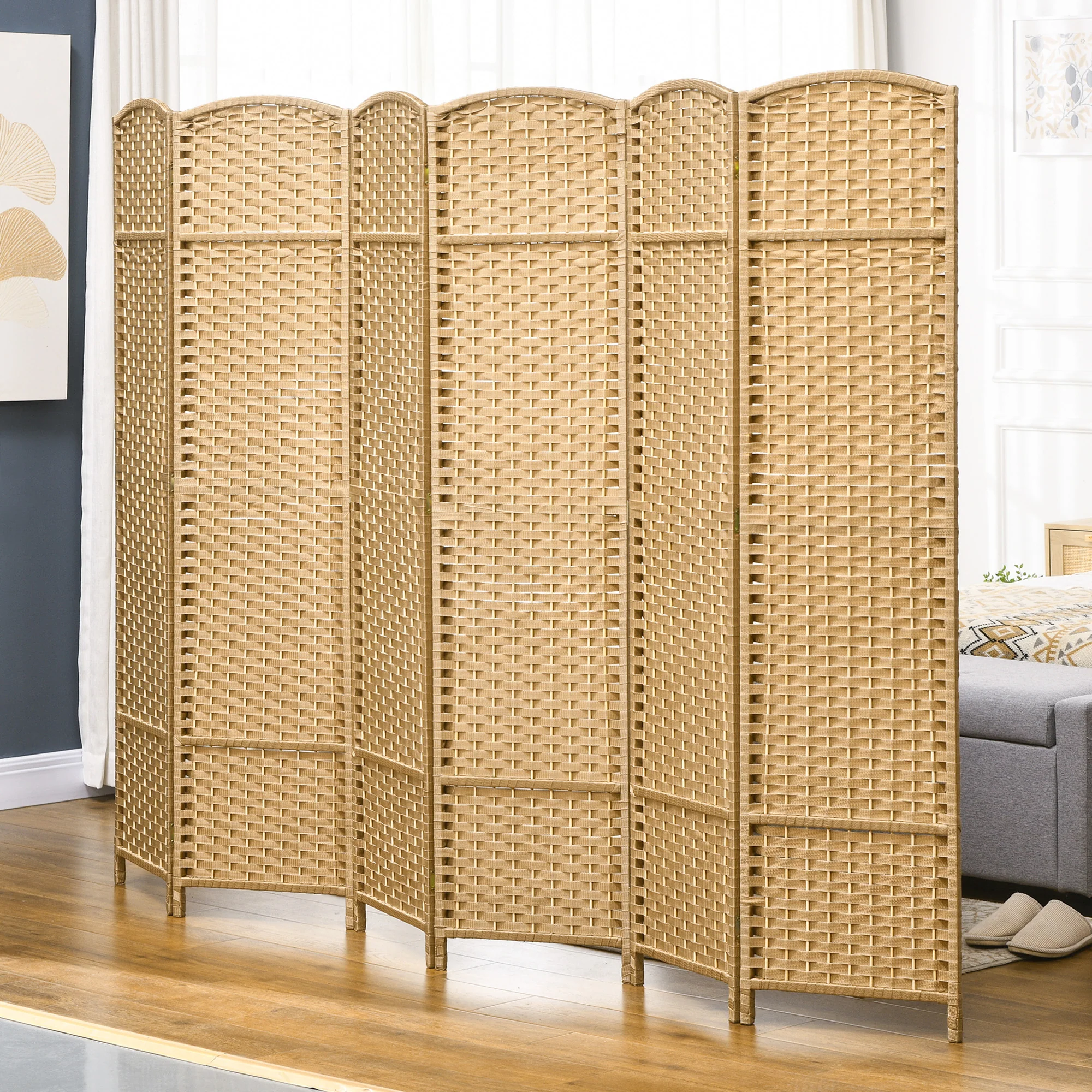 6 Panel 5.6' Tall Privacy Screen Freestanding Room Divider, Nature Wood - Image 4