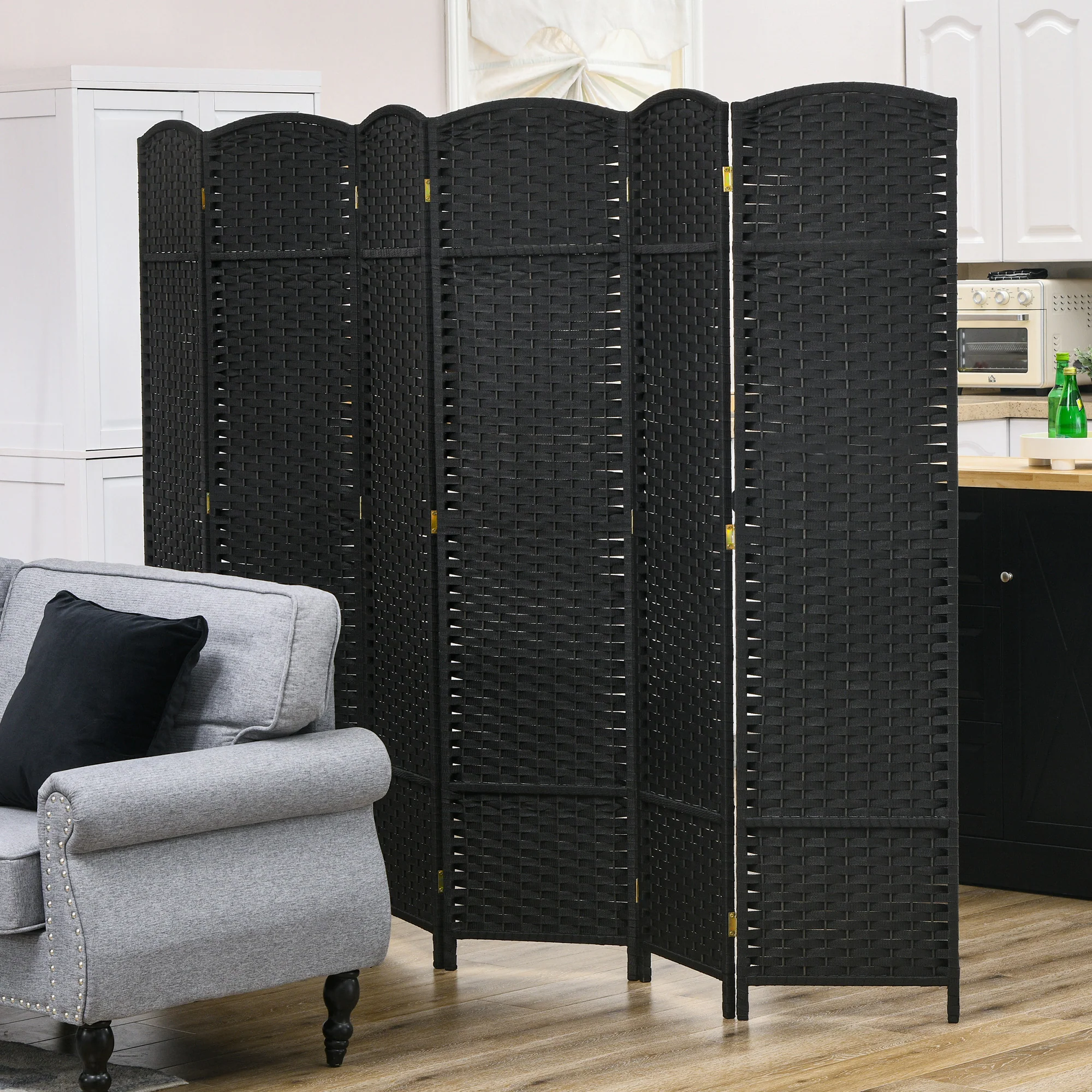 6 Panel 5.6' Tall Privacy Screen Freestanding Room Divider, Black - Image 4