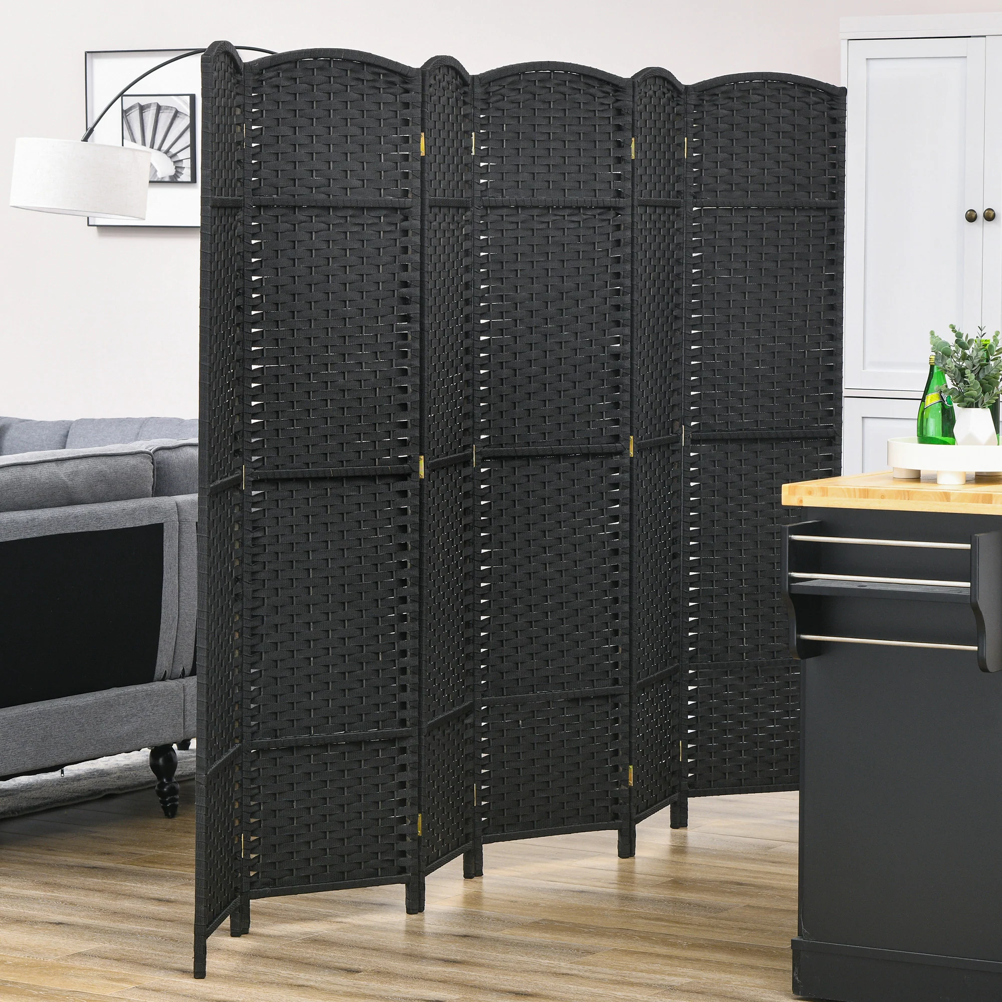 6 Panel 5.6' Tall Privacy Screen Freestanding Room Divider, Black - Image 9