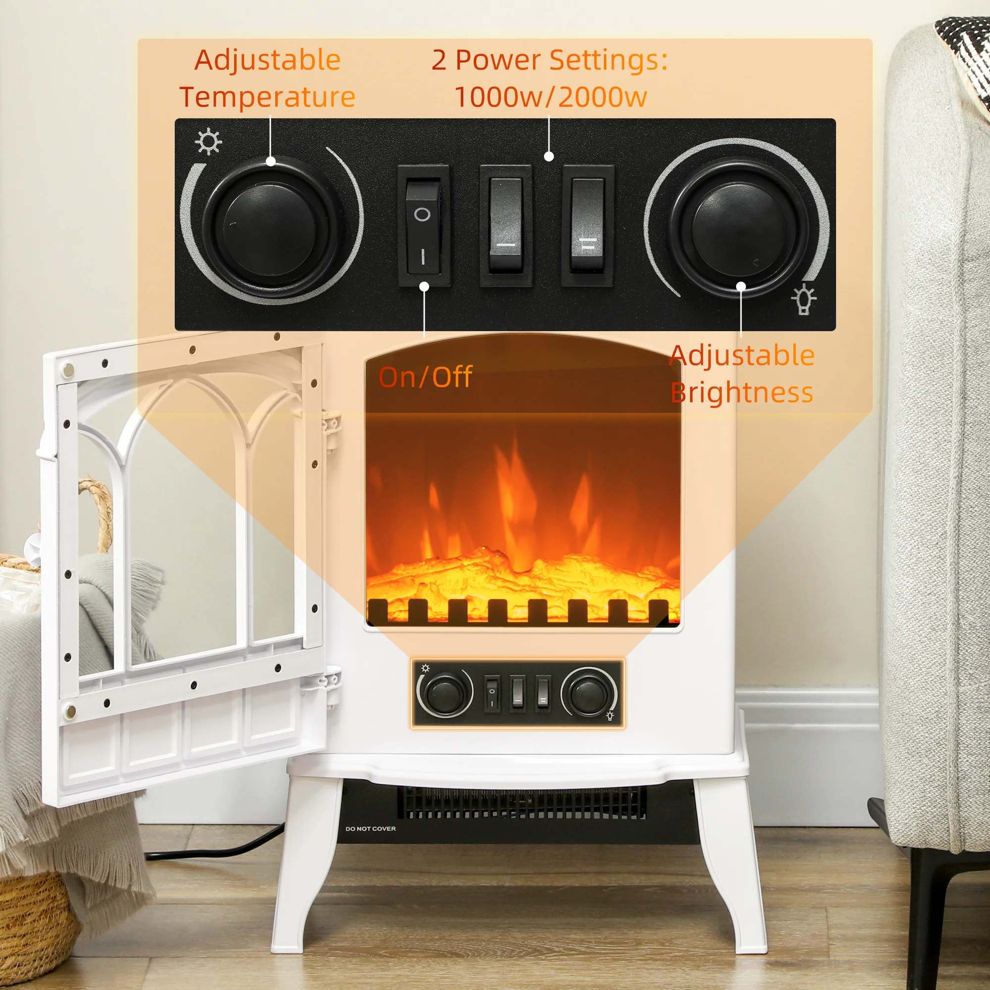 Freestanding Electric Fireplace with LED Flame and Overheating Protection, 1000W/2000W White - Image 7