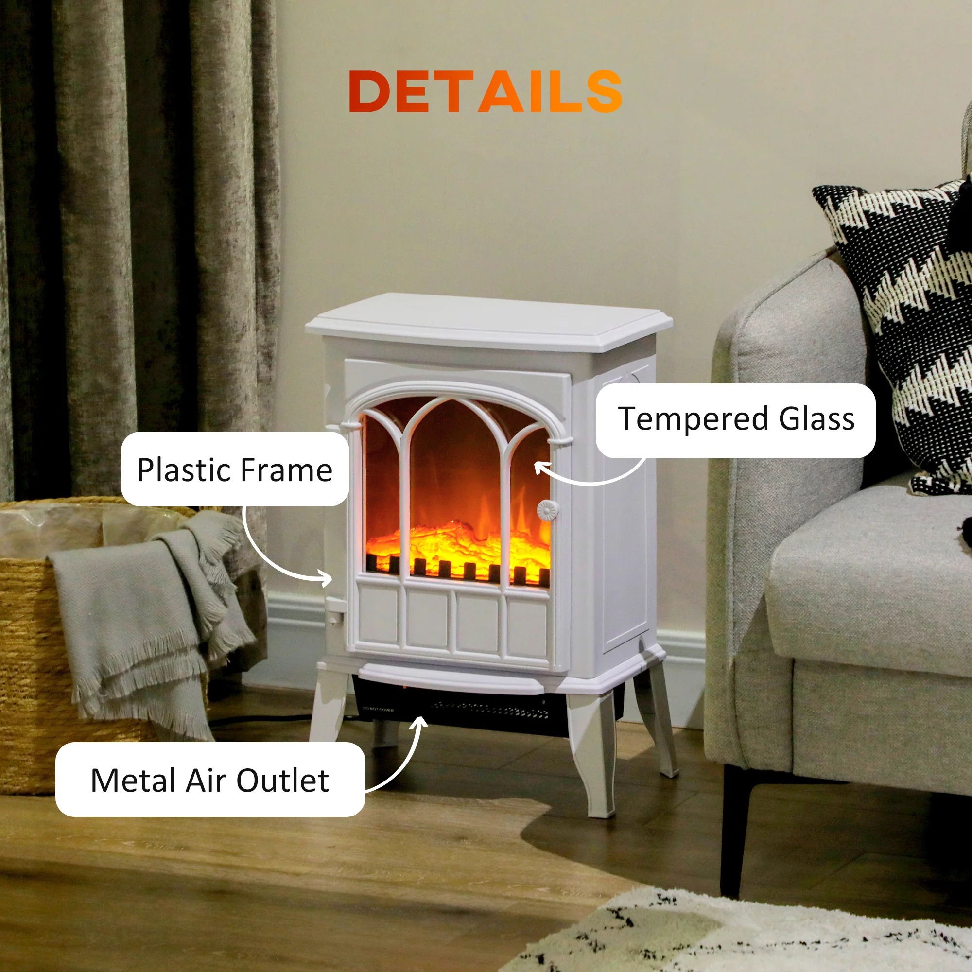 Freestanding Electric Fireplace with LED Flame and Overheating Protection, 1000W/2000W White - Image 9