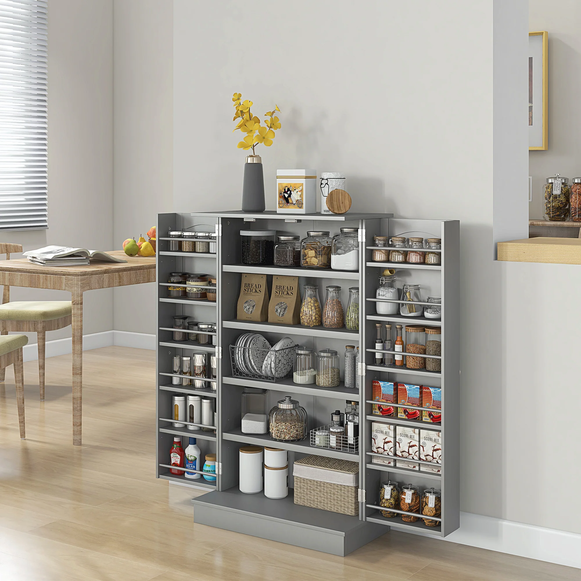5-Tier Kitchen Pantry Cabinet w/ 12-Tier Side Racks for Dining Room, Gray - Image 3