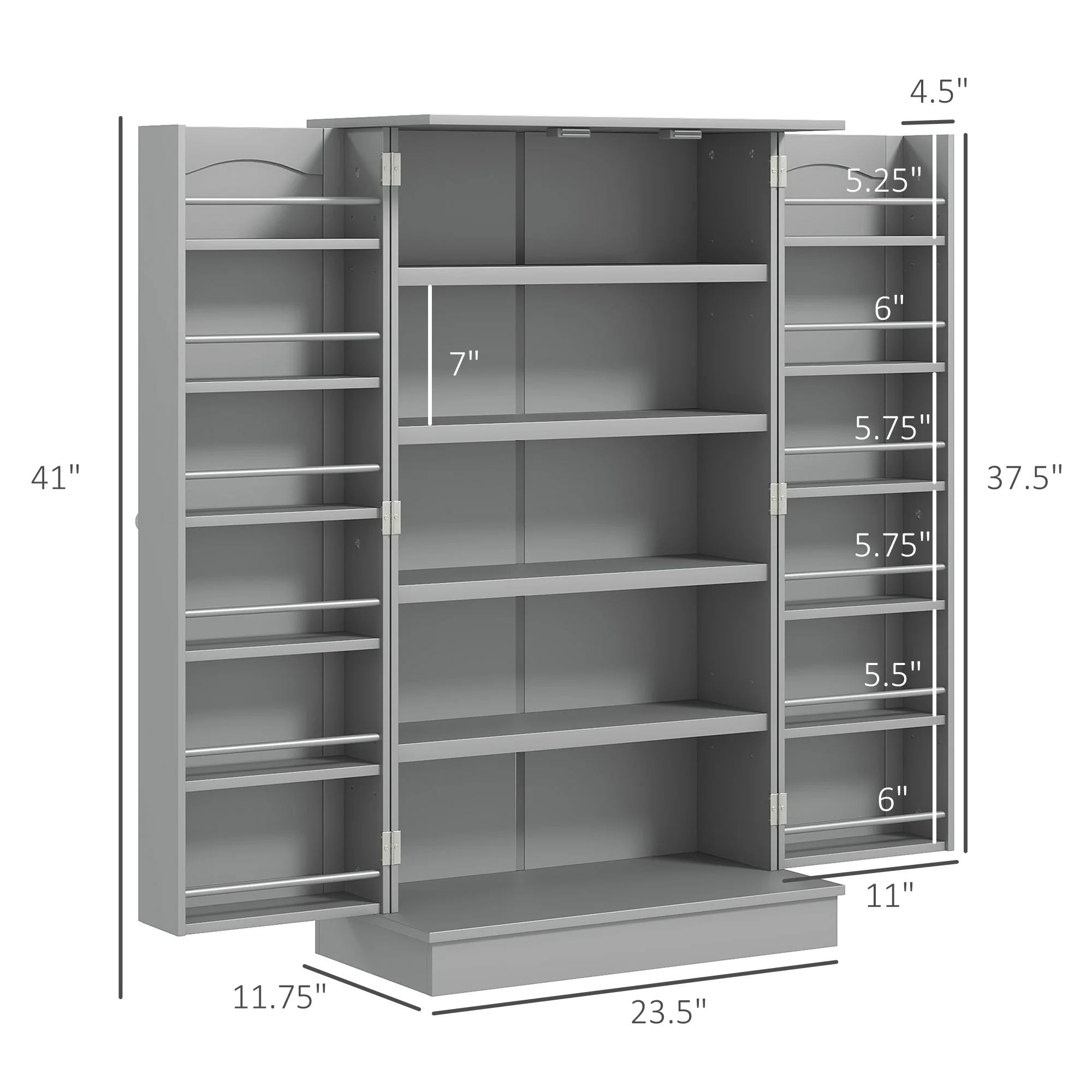 5-Tier Kitchen Pantry Cabinet w/ 12-Tier Side Racks for Dining Room, Gray - Image 5