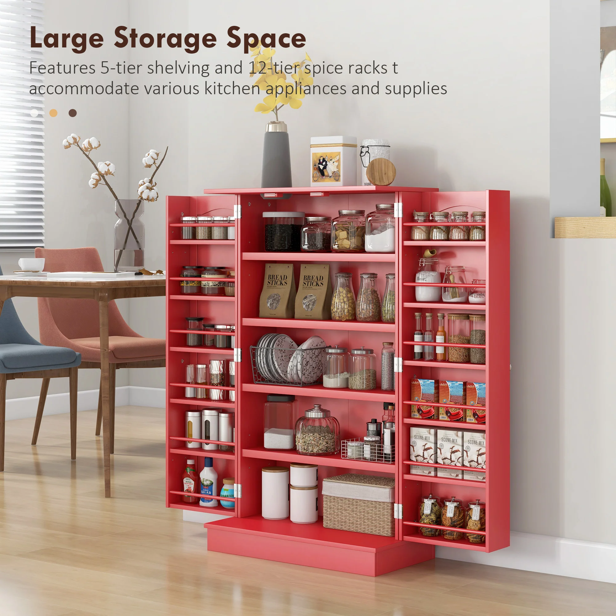 Freestanding Kitchen Pantry Cabinet, Kitchen Cabinet with 12 Door Shelves, Double Doors, 5-tier Shelving, Red - Image 6