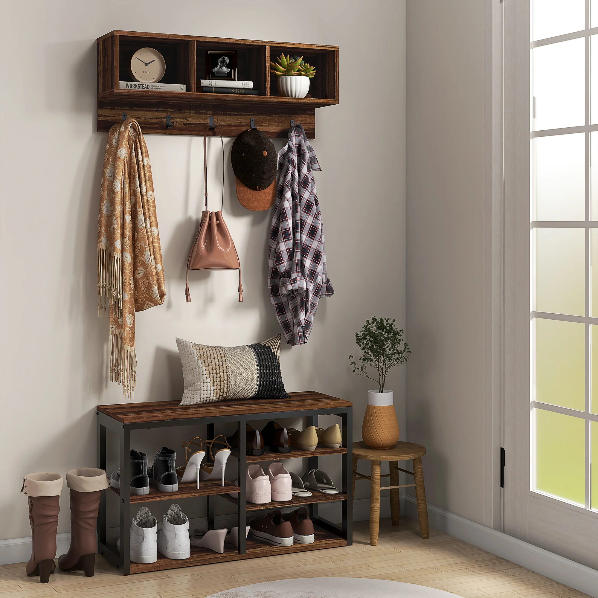 2-in-1 Entryway Storage Set with Shoe Bench and Coat Rack, Hall Tree with Storage Bench - Image 4