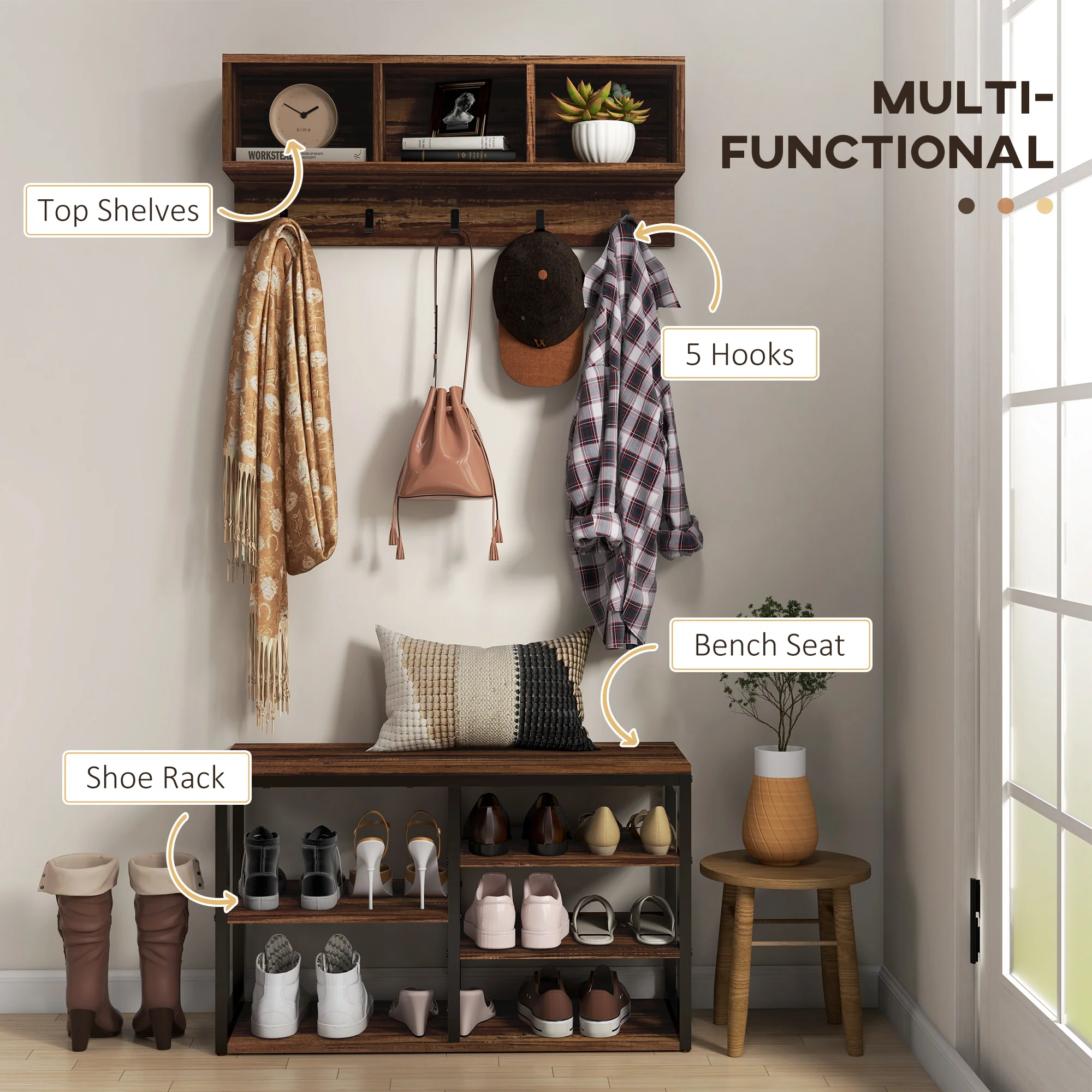 2-in-1 Entryway Storage Set with Shoe Bench and Coat Rack, Hall Tree with Storage Bench - Image 6