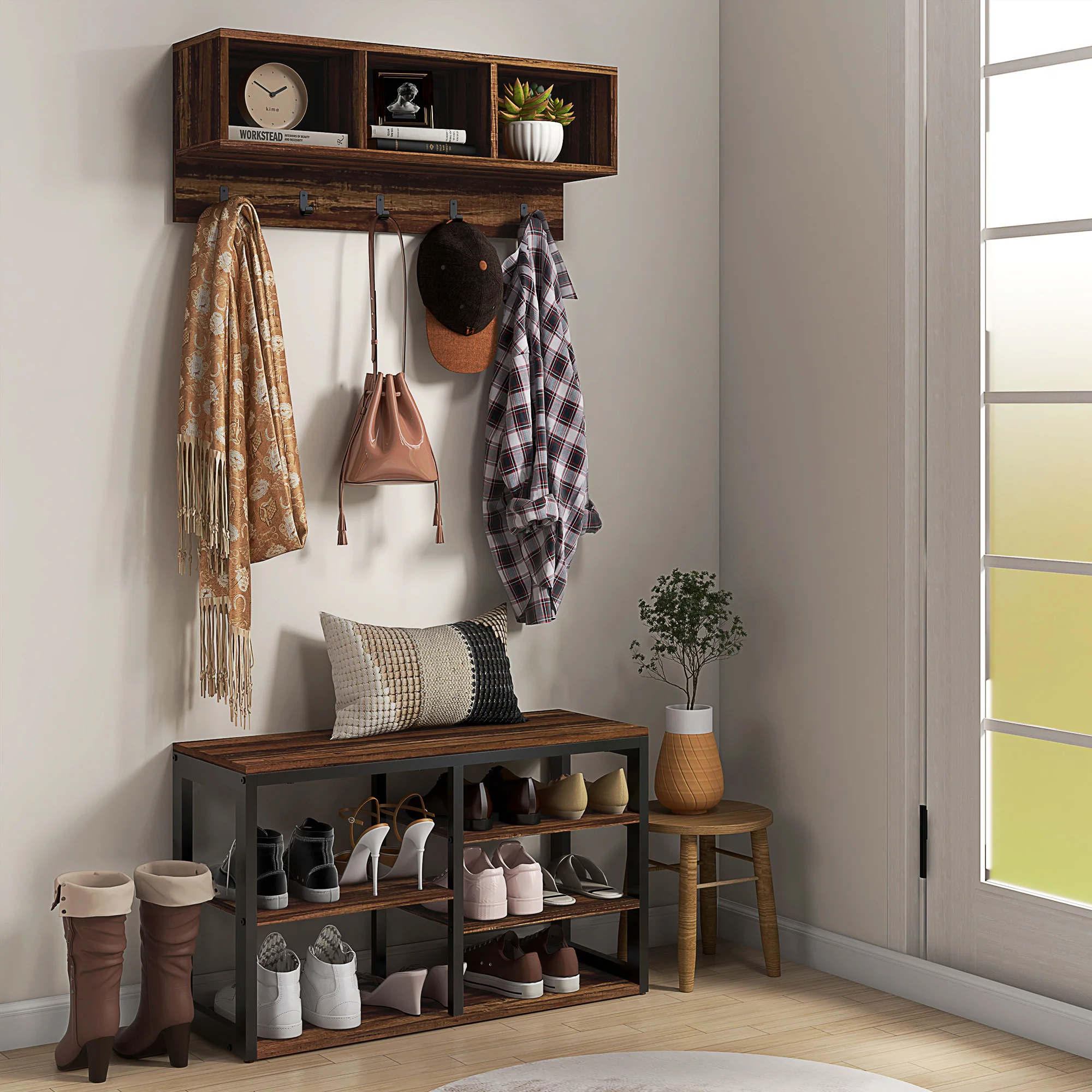 2-in-1 Entryway Storage Set with Shoe Bench and Coat Rack, Hall Tree with Storage Bench - Image 9
