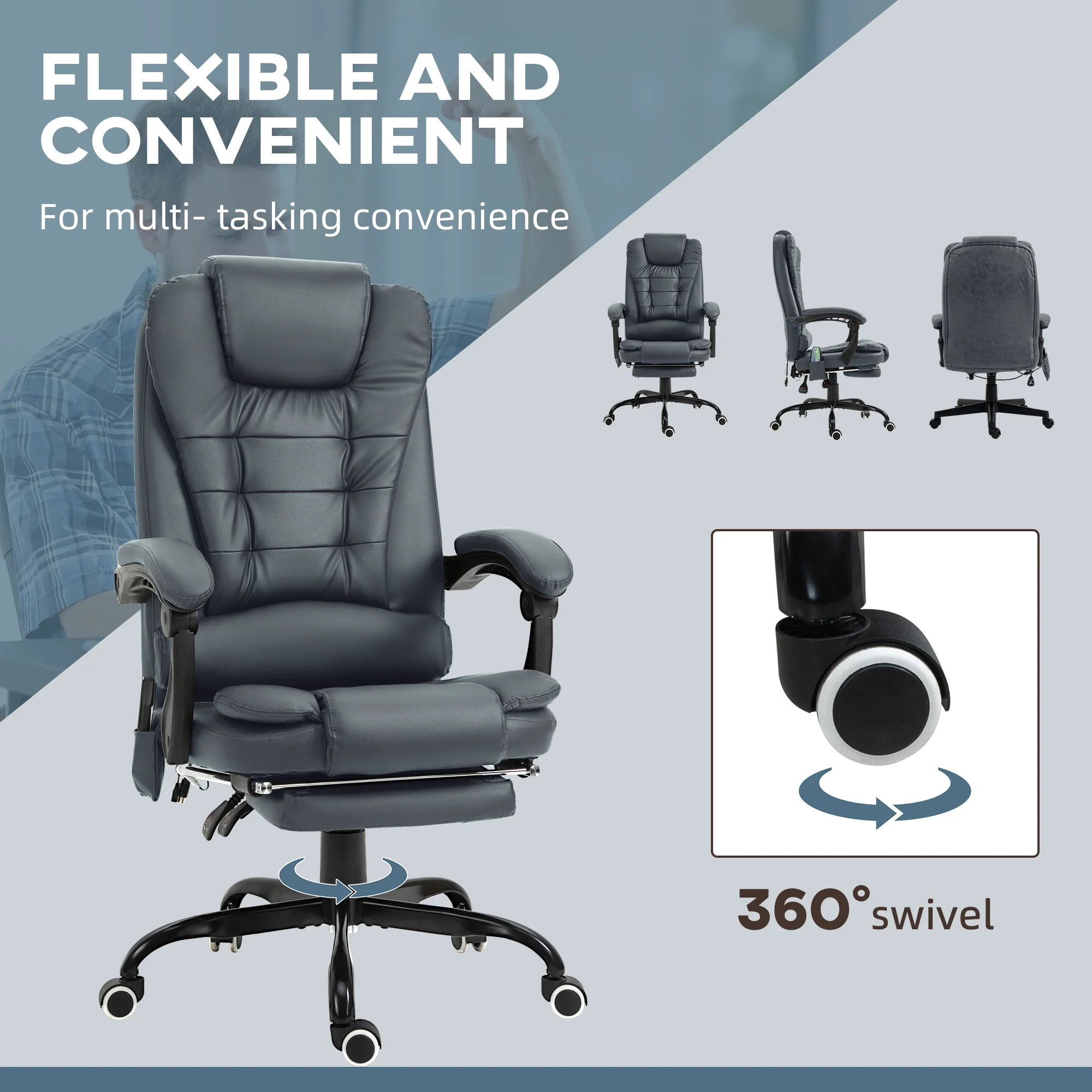 7-Point Massage Office Chair w/ Lumbar Support, Footrest & Adjustable Height, Blue - Image 9
