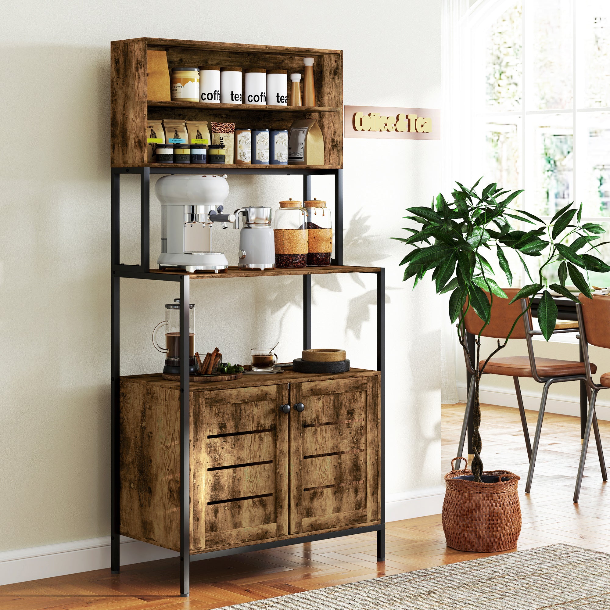 Baker's Rack with Power Outlet & Storage Shelves, Microwave Stand, Rustic Brown - Image 10