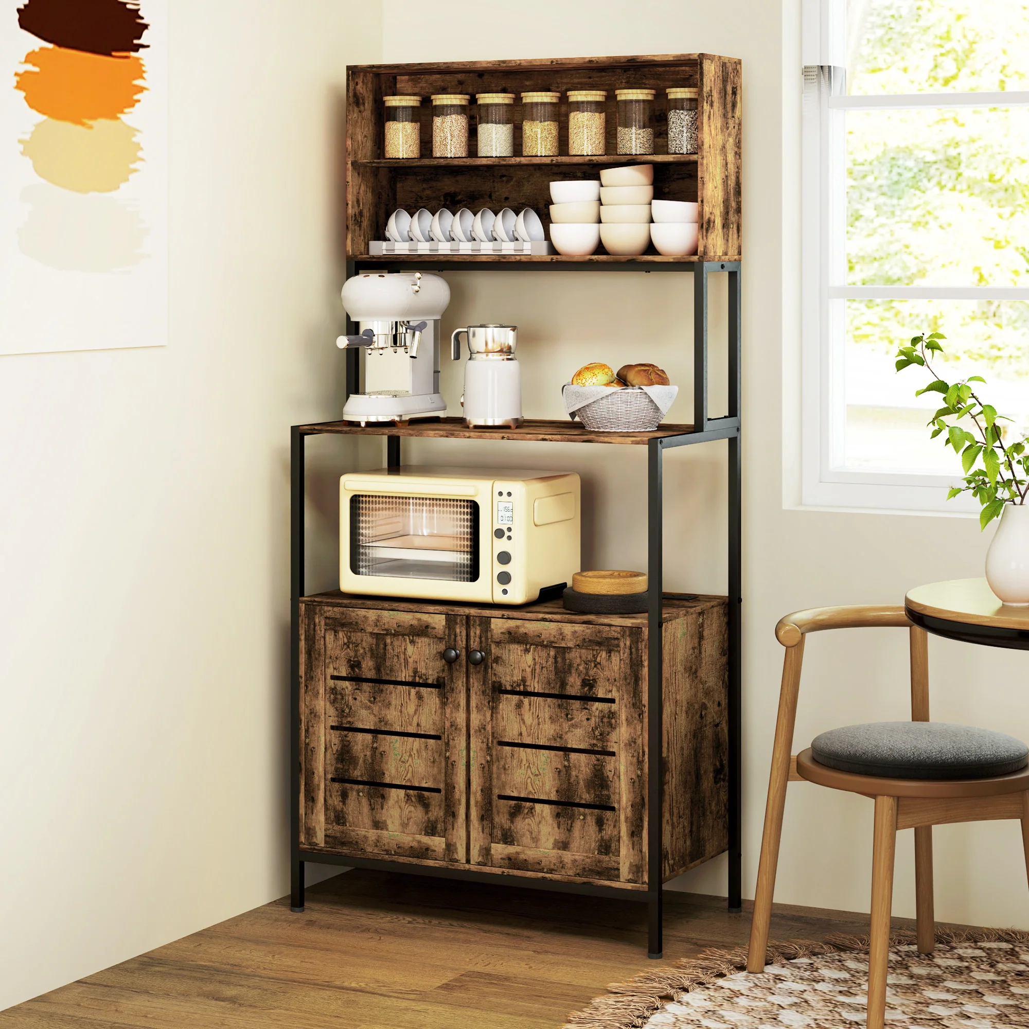 Baker's Rack with Power Outlet & Storage Shelves, Microwave Stand, Rustic Brown - Image 4