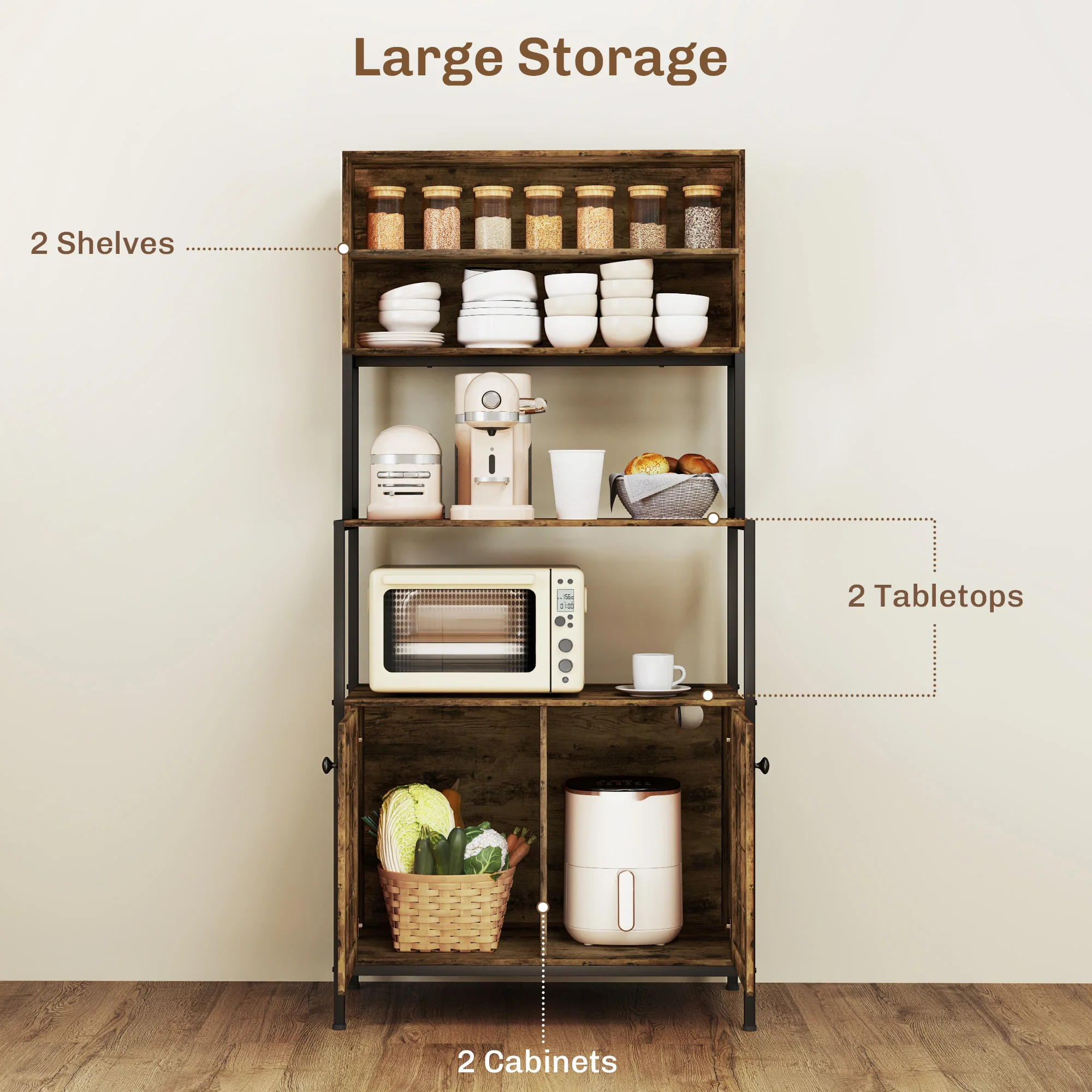 Baker's Rack with Power Outlet & Storage Shelves, Microwave Stand, Rustic Brown - Image 7