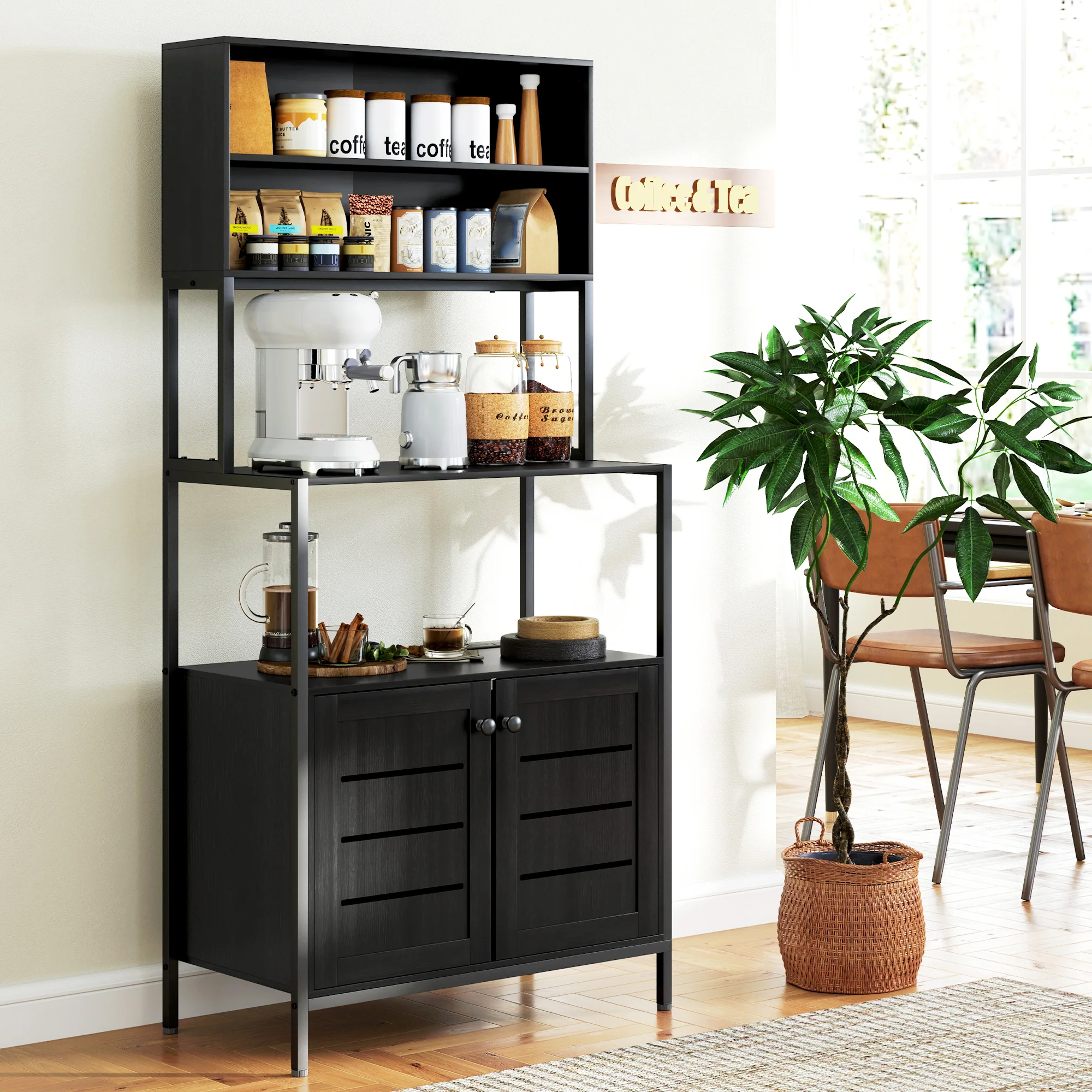 Baker's Rack with Power Outlet & Storage Shelves, Microwave Stand, Black - Image 10