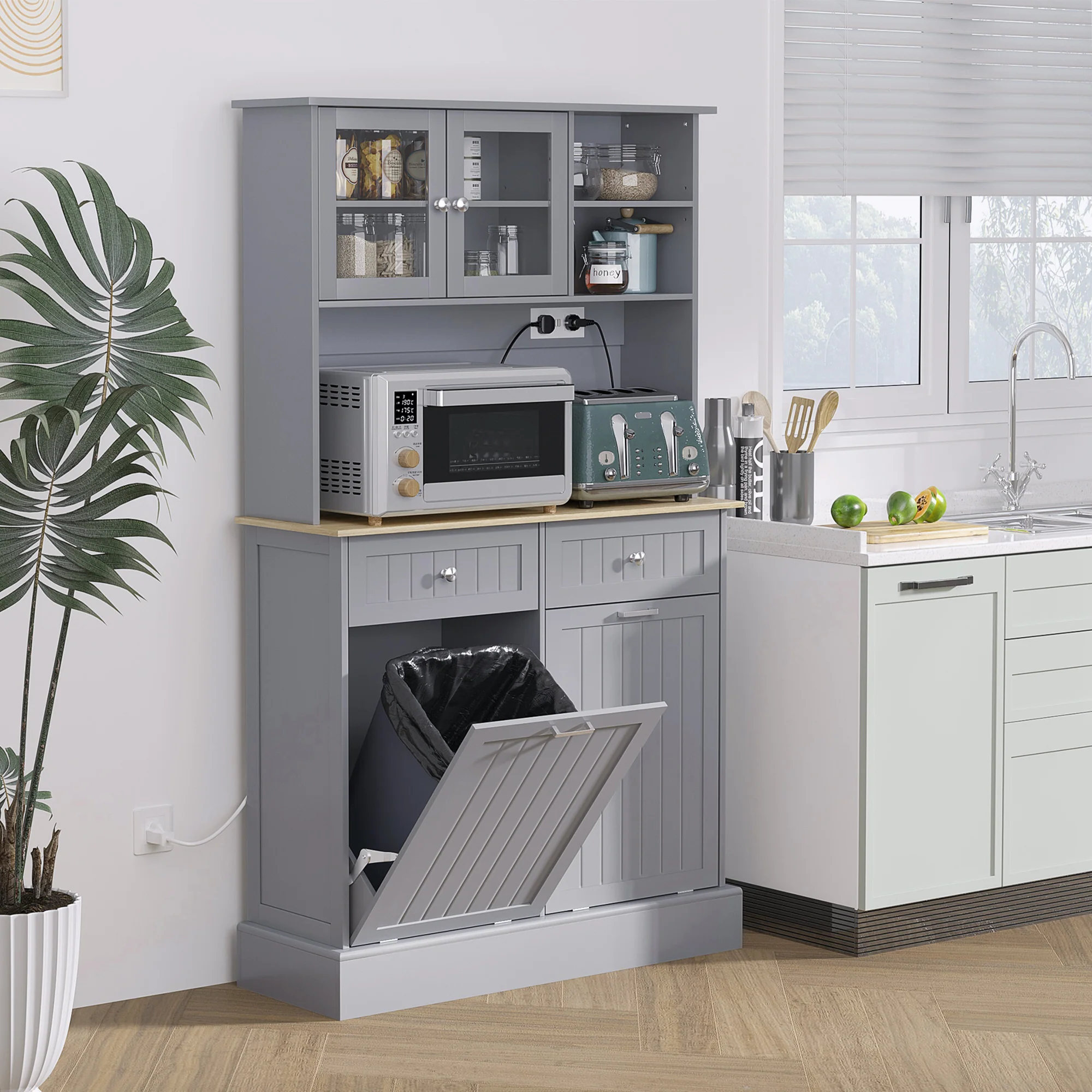 68" Kitchen Cabinet w/ Charging Station, 2 Tilt Out Cabinets & Microwave Stand, Gray - Image 3