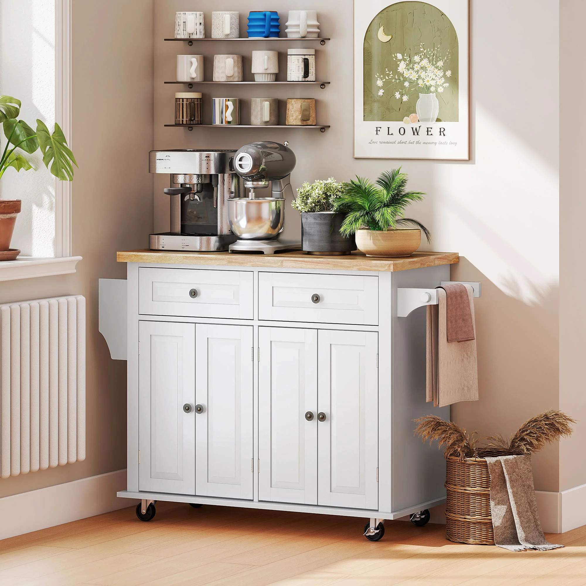 GlideSpace 44"W Butcher Block Cart, Movable Kitchen Island with Cabinets, White - Image 10