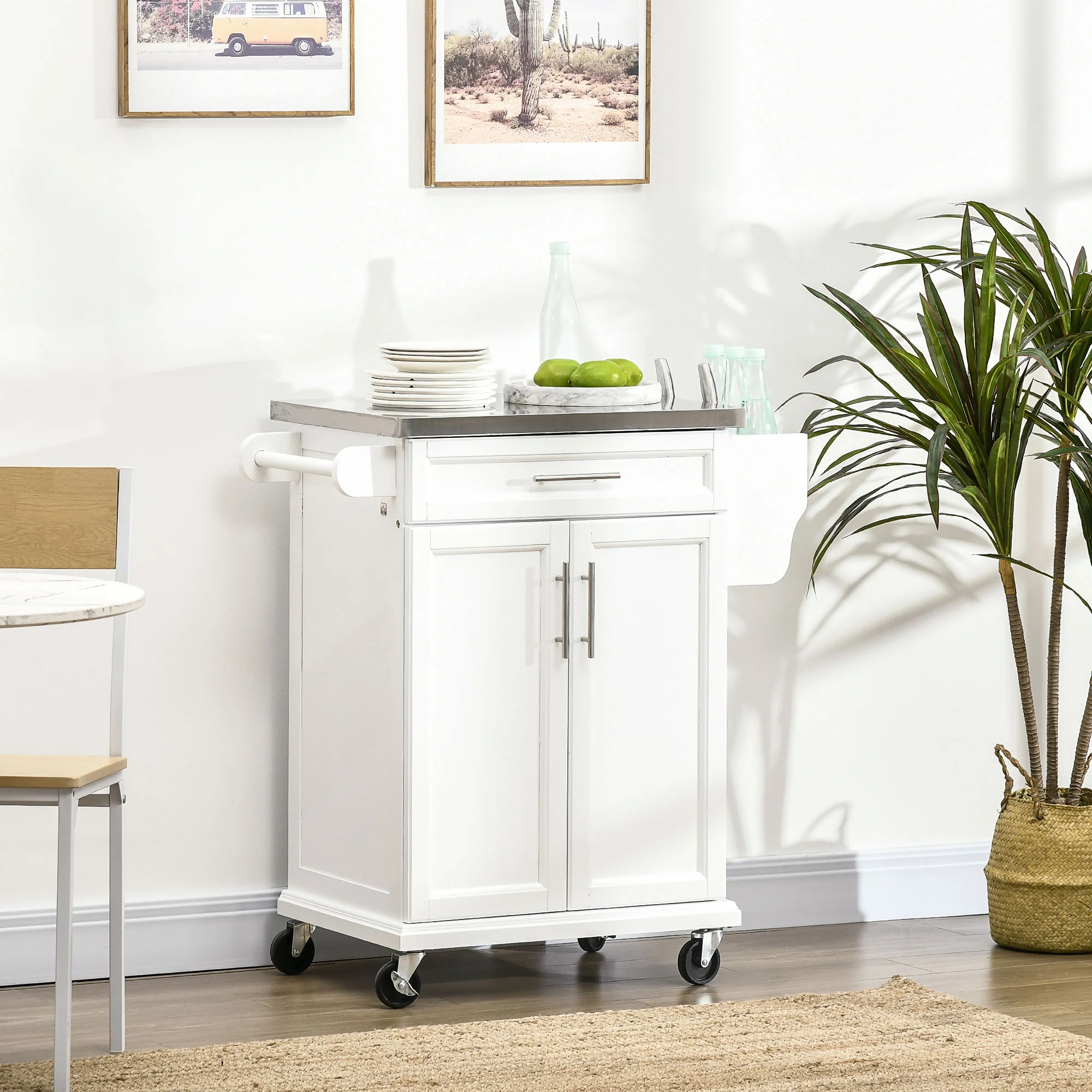 Wood Kitchen Island Cart Storage Box Cabinet Drawer Trolley w/ Stainless Steel - Image 3