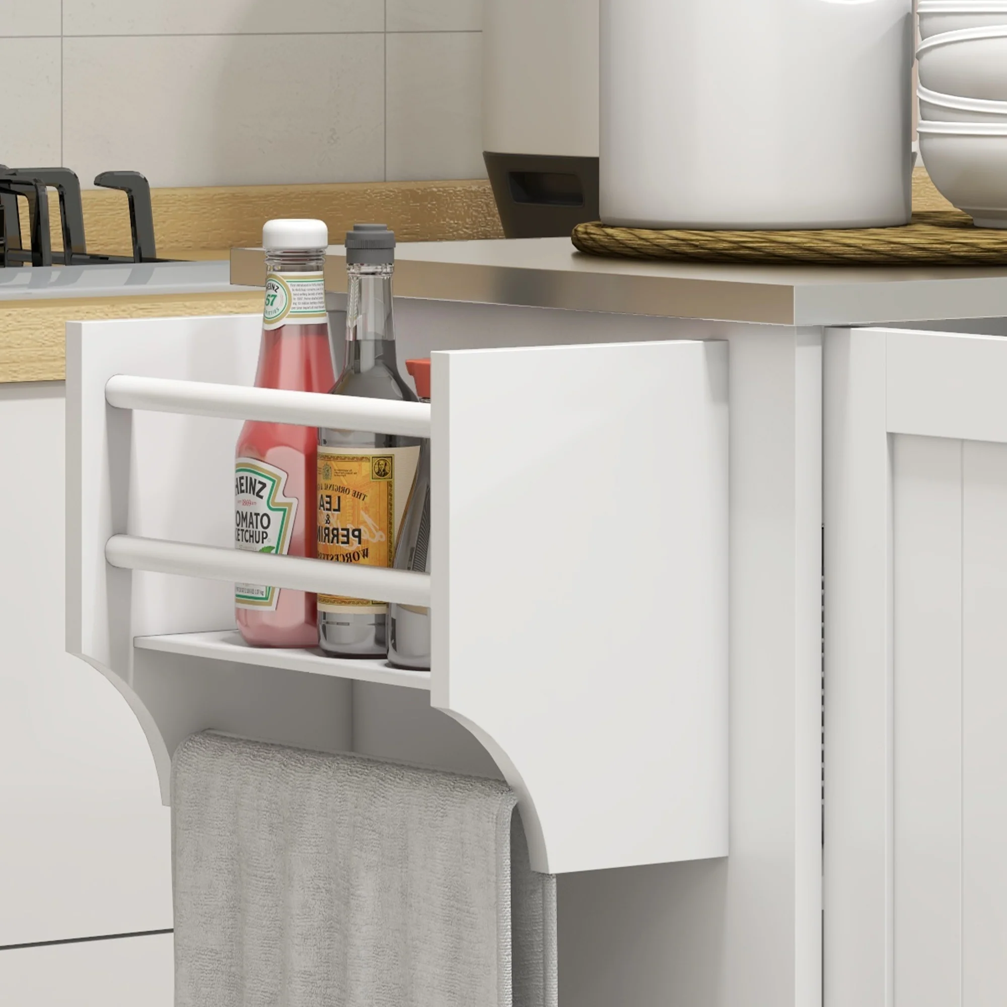 36" Rolling Kitchen Island w/ Steel Countertop, 3 Cabinets & Storage Racks, White - Image 11