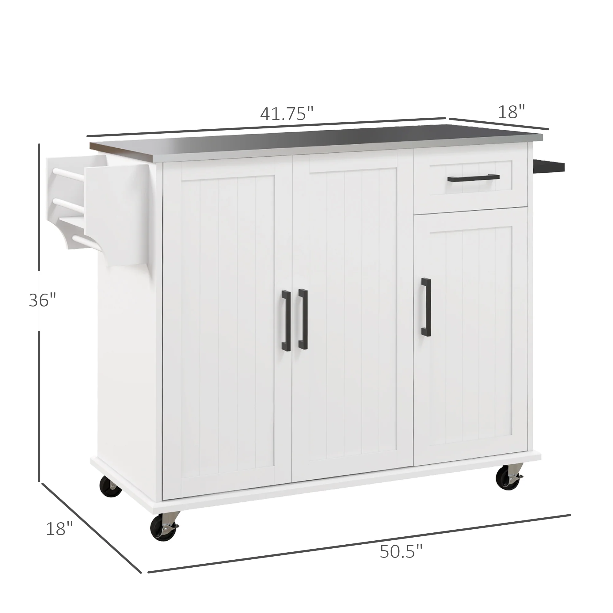 36" Rolling Kitchen Island w/ Steel Countertop, 3 Cabinets & Storage Racks, White - Image 5