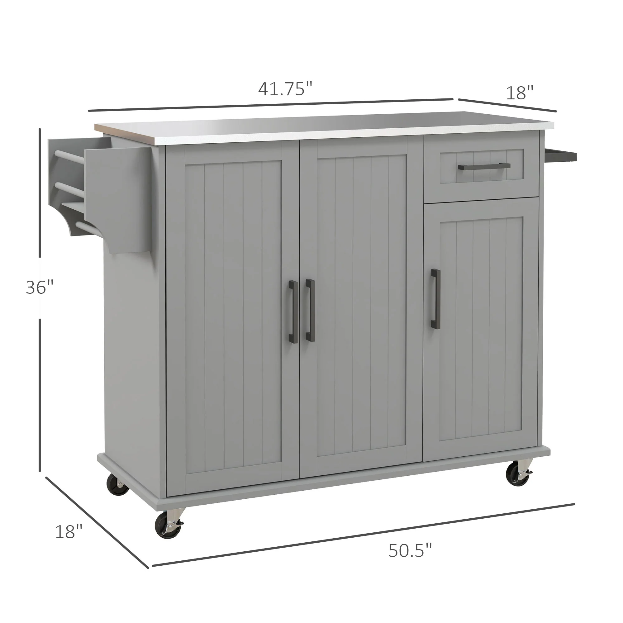 36" Rolling Kitchen Island w/ Steel Countertop, 3 Cabinets & Storage Racks, Gray - Image 5