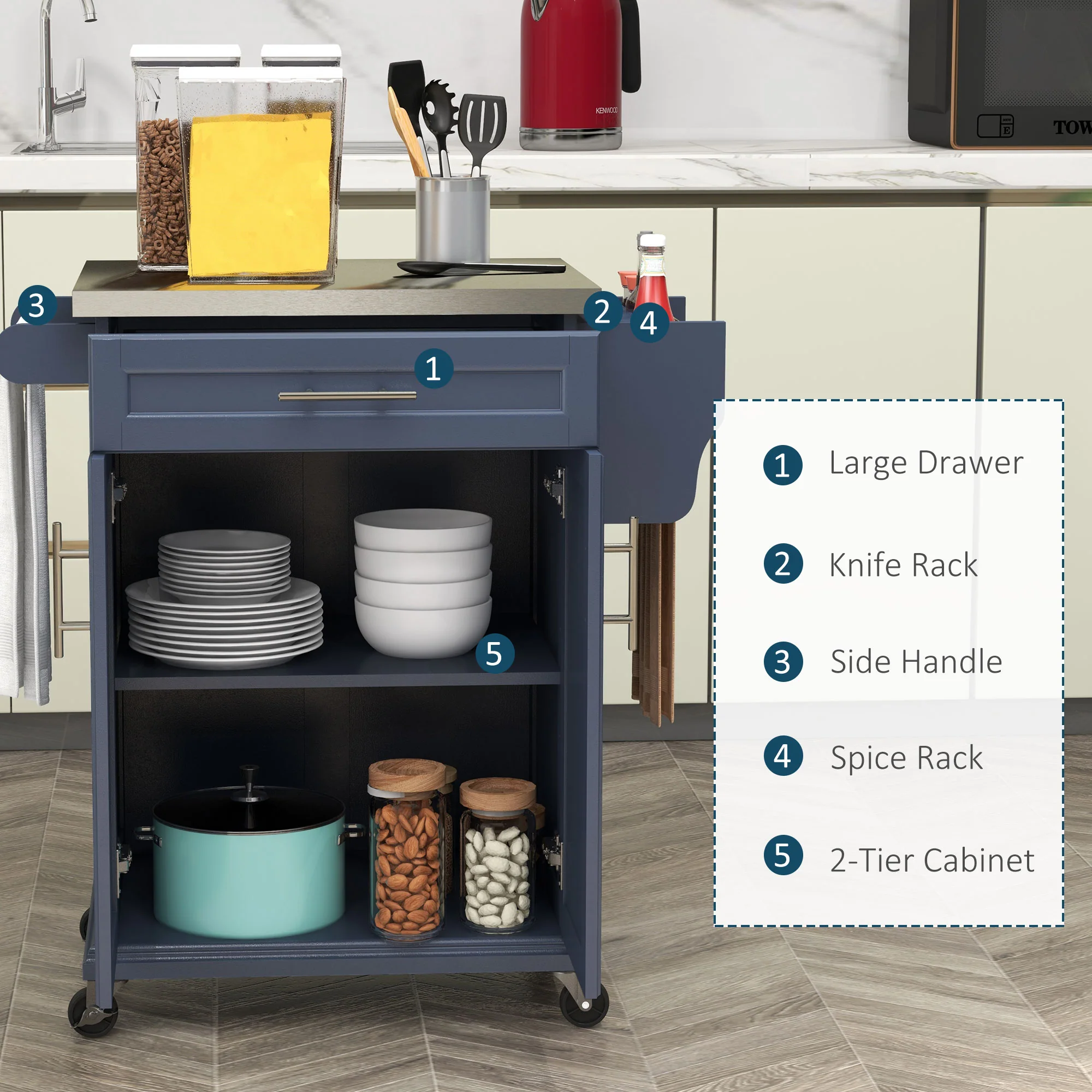 36" Stainless Steel Rolling Kitchen Cart with Drawer, Spice & Towel Racks, Deep Blue - Image 6