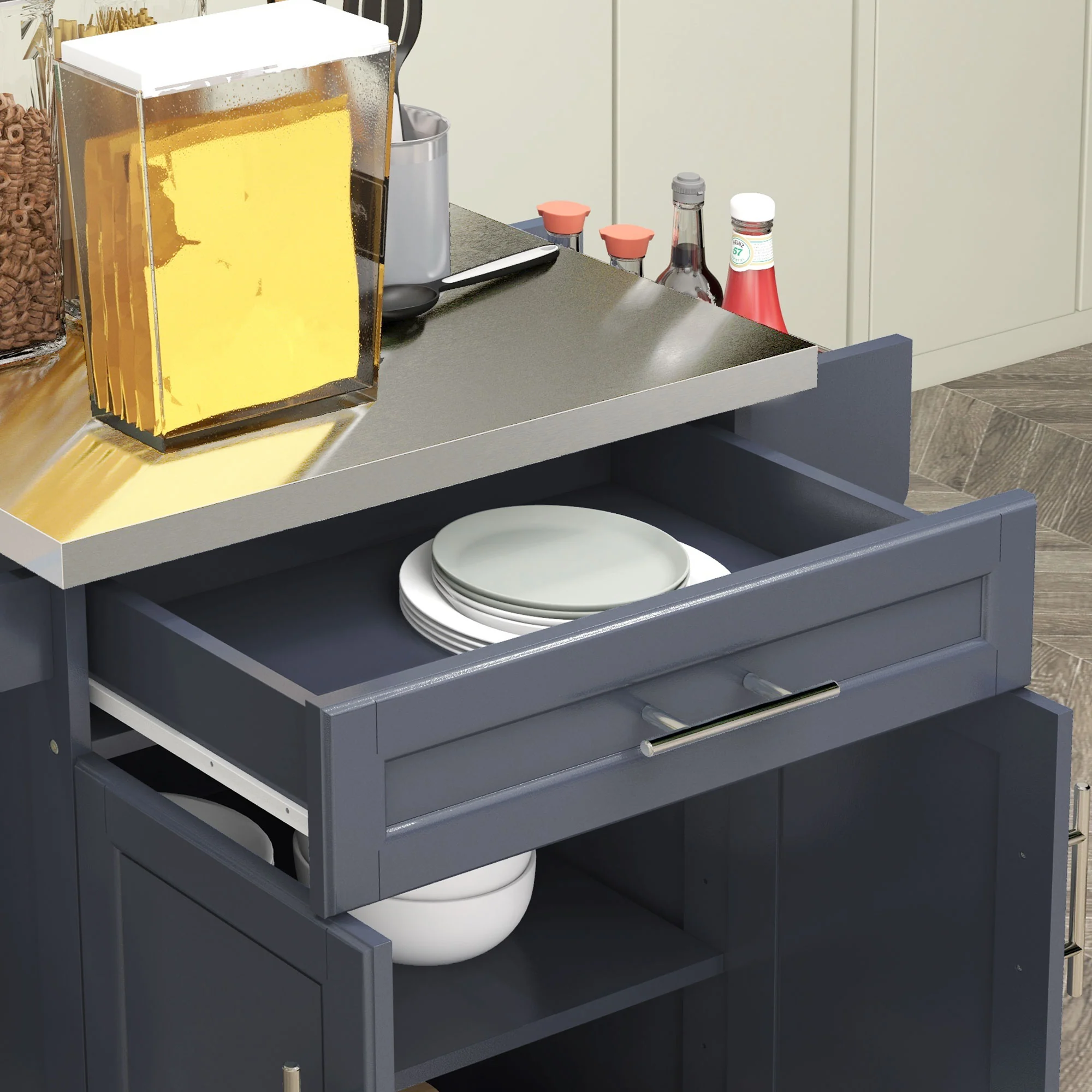 36" Stainless Steel Rolling Kitchen Cart with Drawer, Spice & Towel Racks, Deep Blue - Image 9