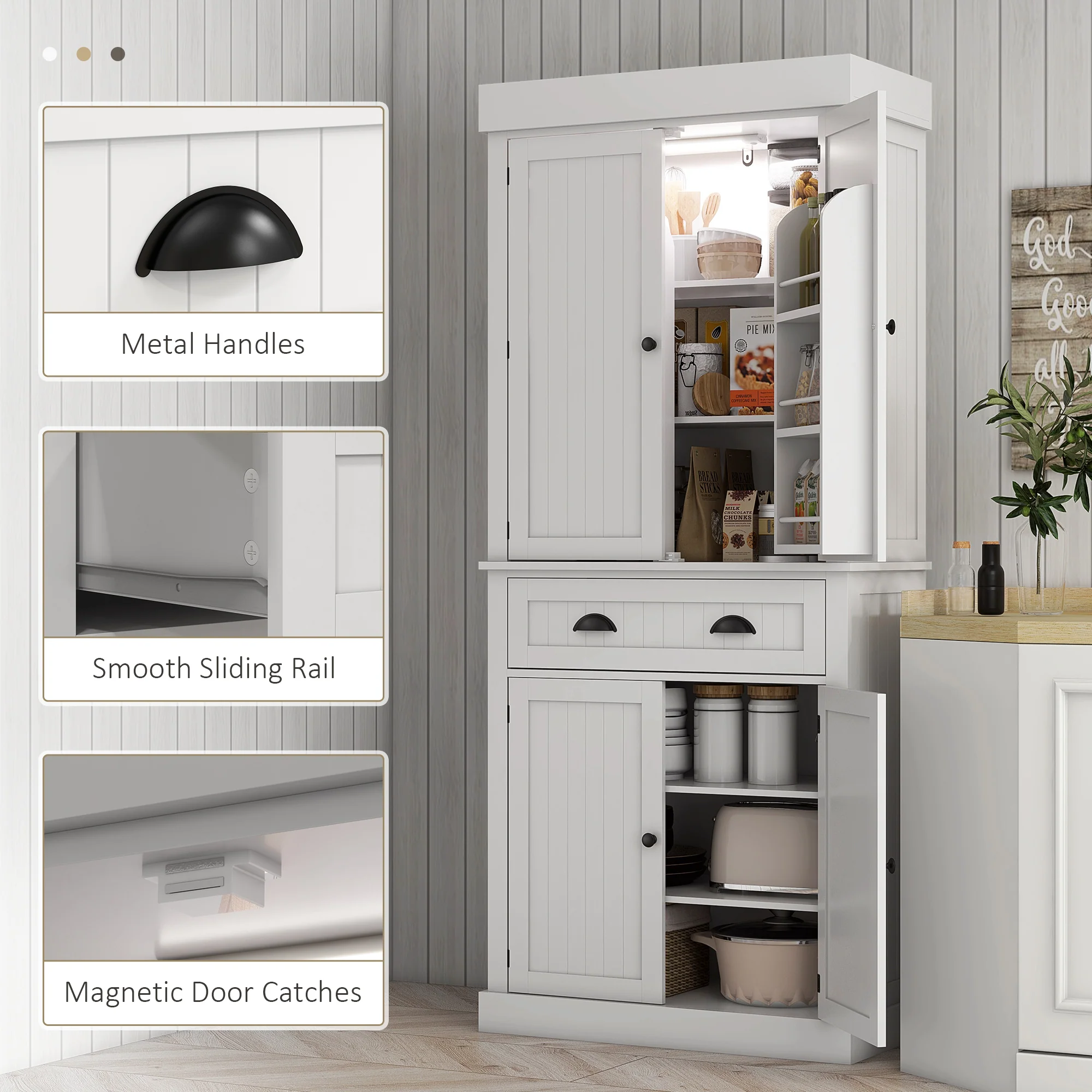 71" Kitchen Pantry Cabinet with LED Lights, 6 Door Shelves, a Drawer and 4 Adjustable Shelves, White - Image 10