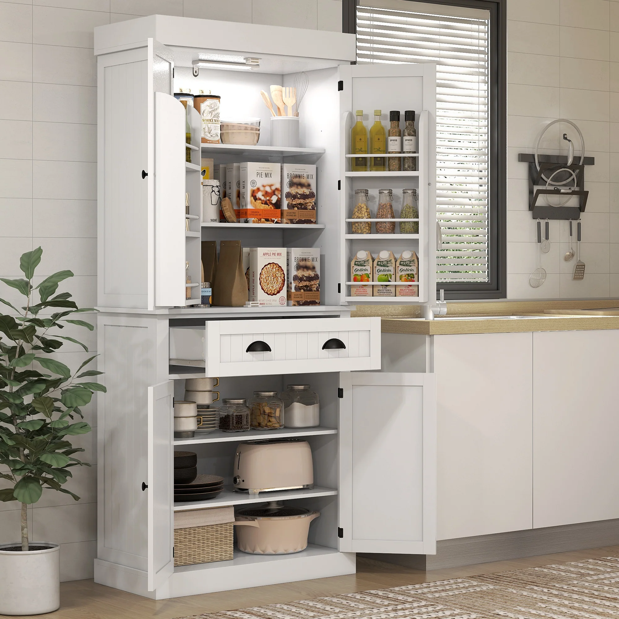 71" Kitchen Pantry Cabinet with LED Lights, 6 Door Shelves, a Drawer and 4 Adjustable Shelves, White - Image 12