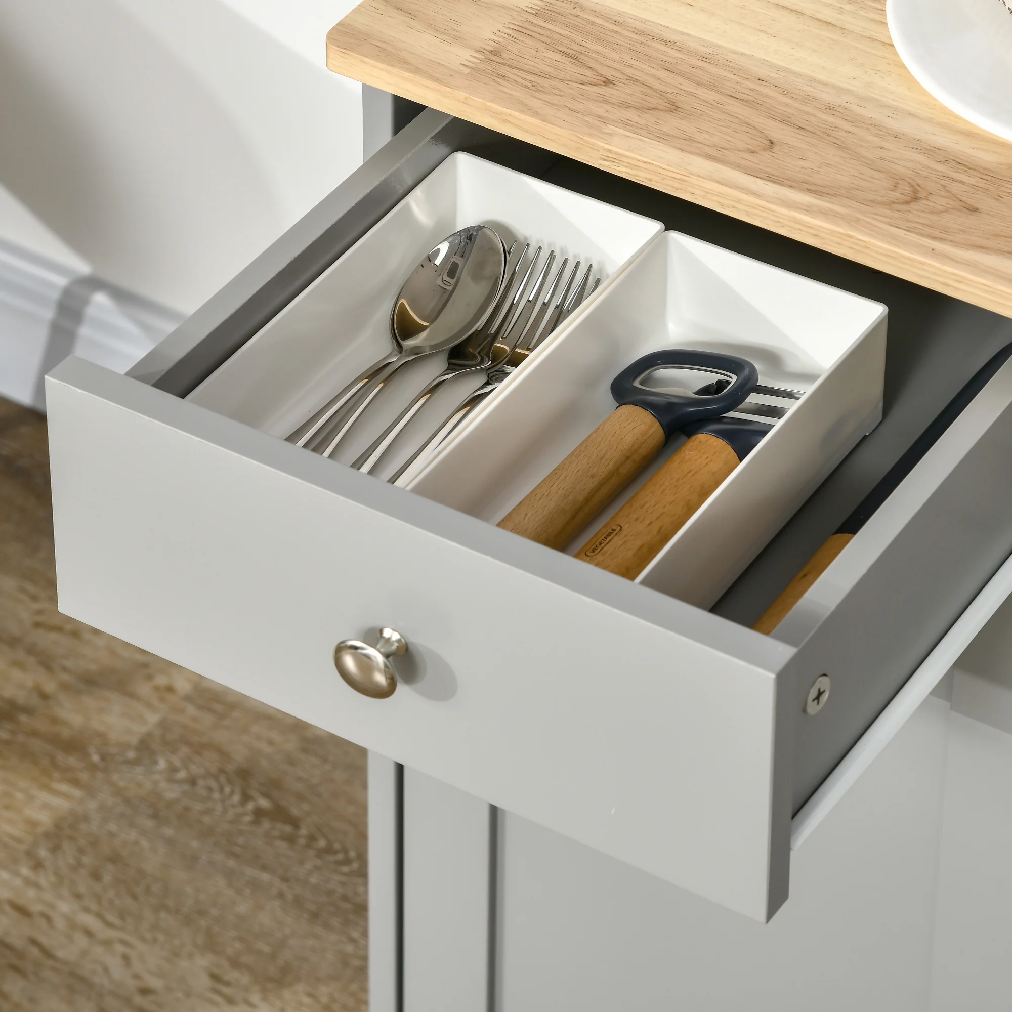 Kitchen Sideboard Floor Cupboard w/ Solid Wood Top, Adjustable Shelf & 3 Drawers, Gray - Image 10