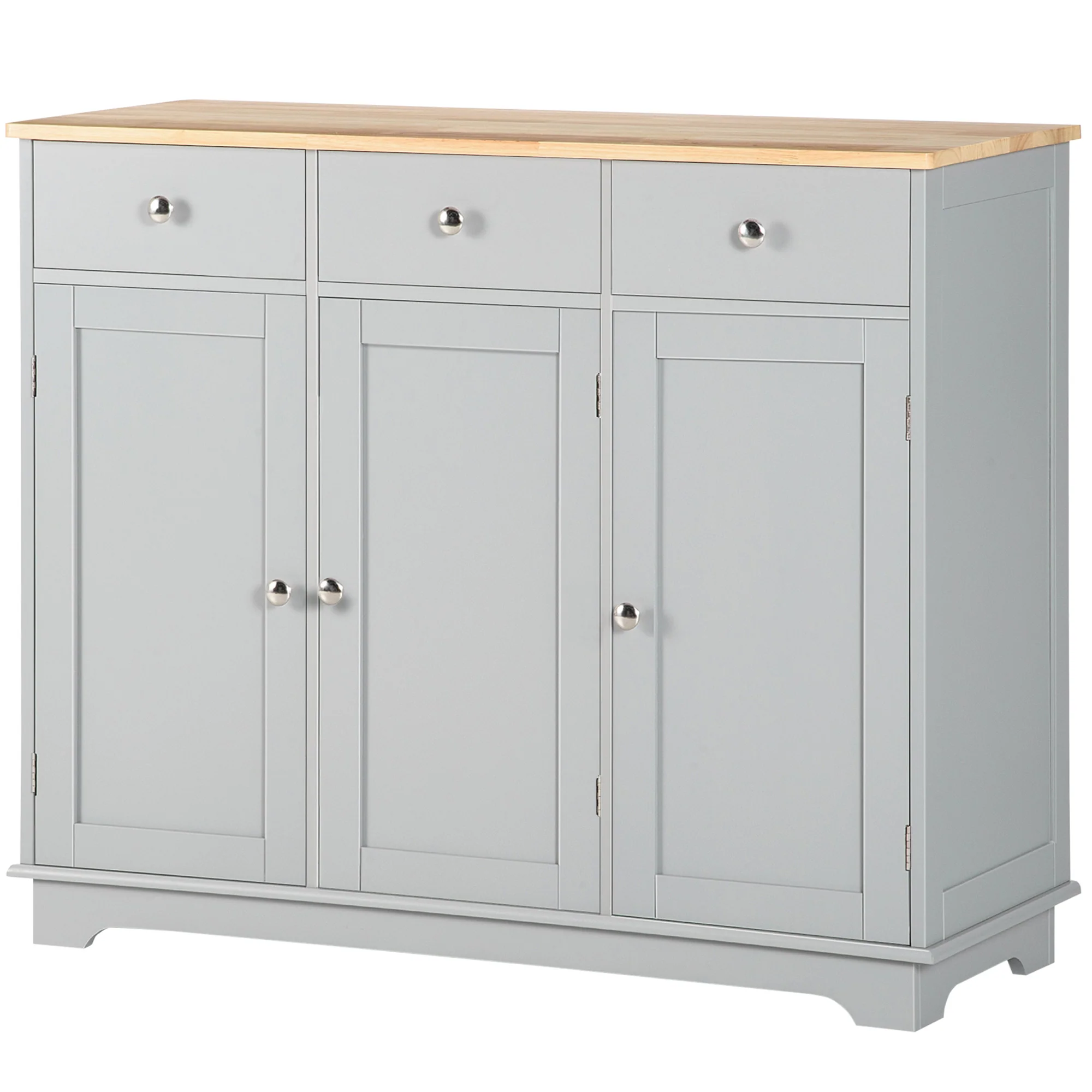 Kitchen Sideboard Floor Cupboard w/ Solid Wood Top, Adjustable Shelf & 3 Drawers, Gray - Image 2