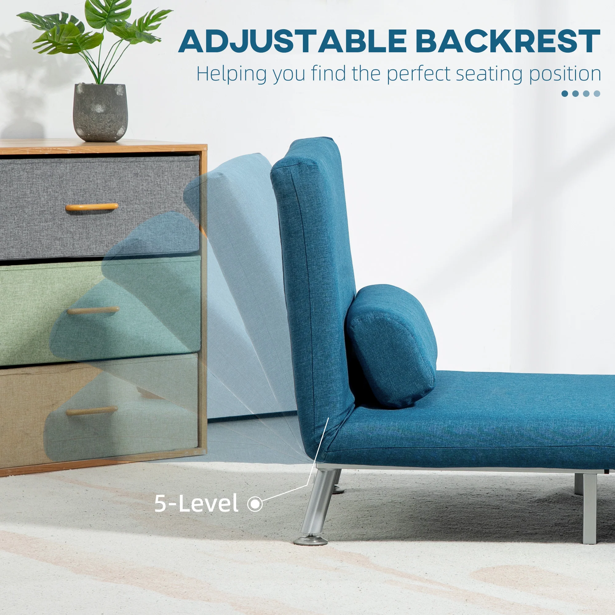 Single Sofa Bed, Foldable Lounge Sleeper Sofa with Adjustable Backrest, Pillow, Blue - Image 7