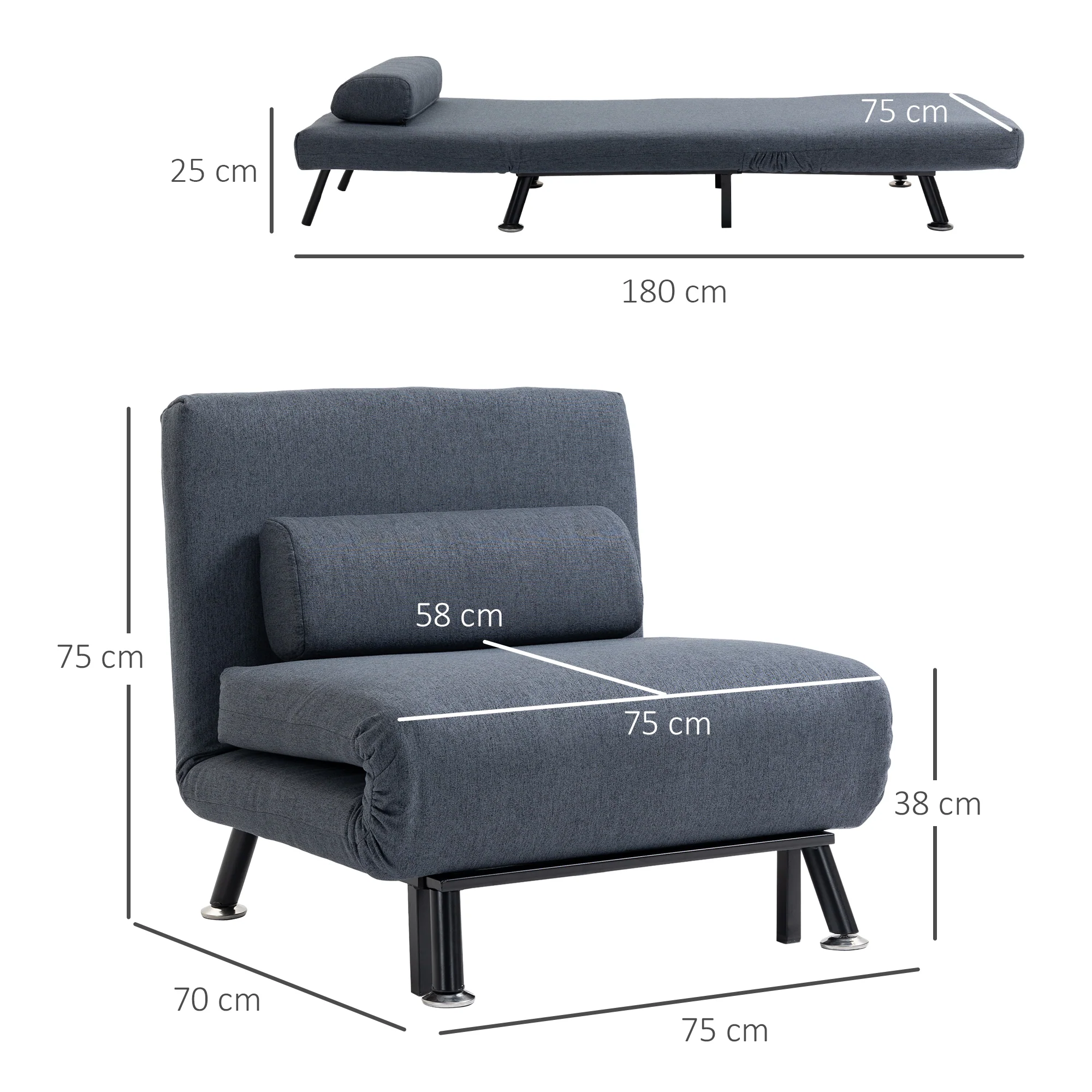 Linen Single Chair Bed, 3-in-1 Convertible Sleeper Chair with Adjustable Backrest, Dark Grey - Image 5