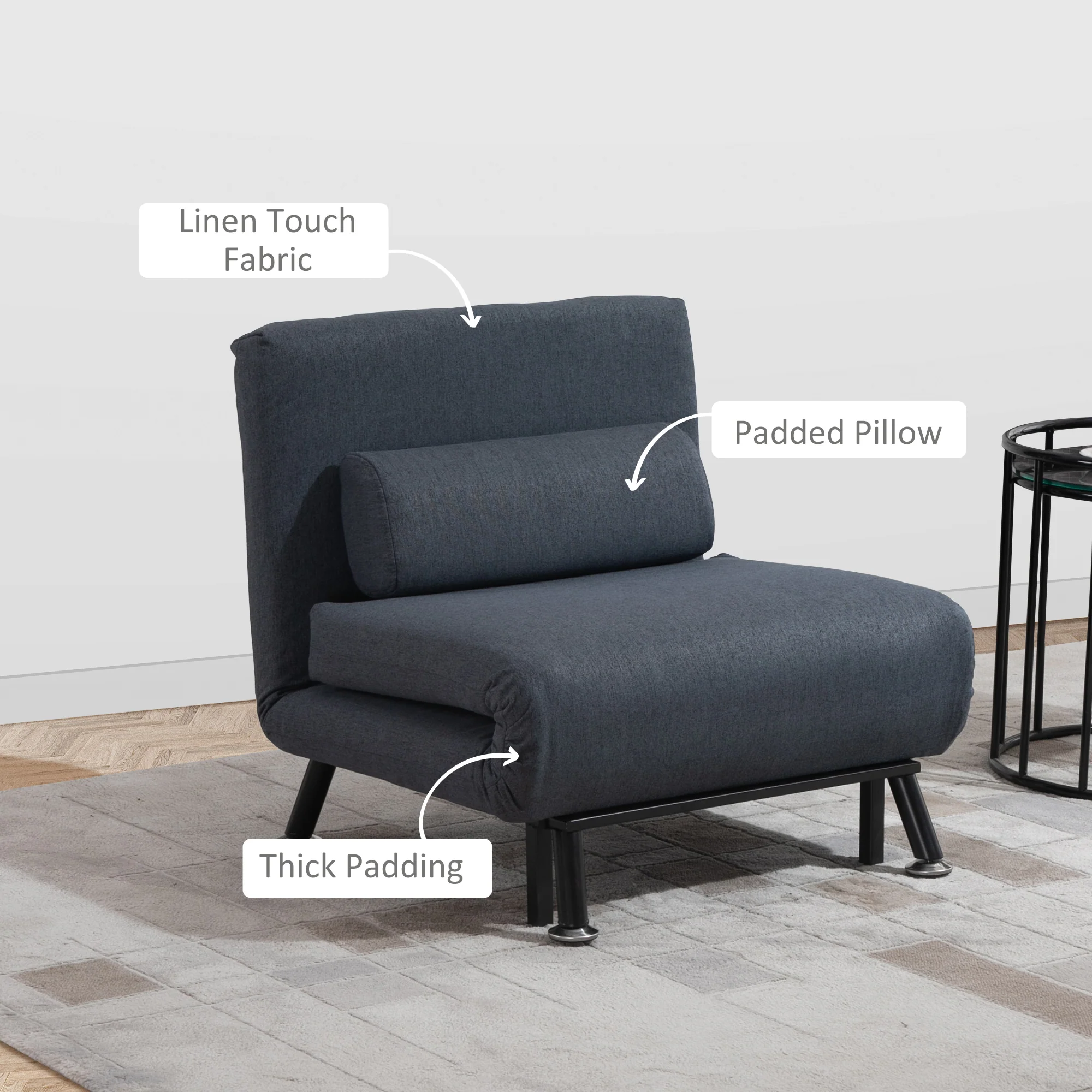 Linen Single Chair Bed, 3-in-1 Convertible Sleeper Chair with Adjustable Backrest, Dark Grey - Image 8